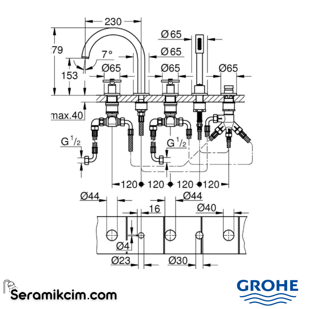 Grohe Atrio 5 Delikli Ankastre Küvet Bataryası (Sıva Üstü Grubu), Fırçalı Sert Grafit 29408AL0