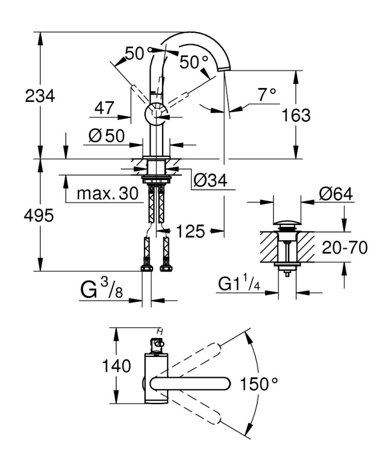 Grohe Atrio Lavabo Bataryası (M-Boy), Paslanmaz Çelik 24363DC0