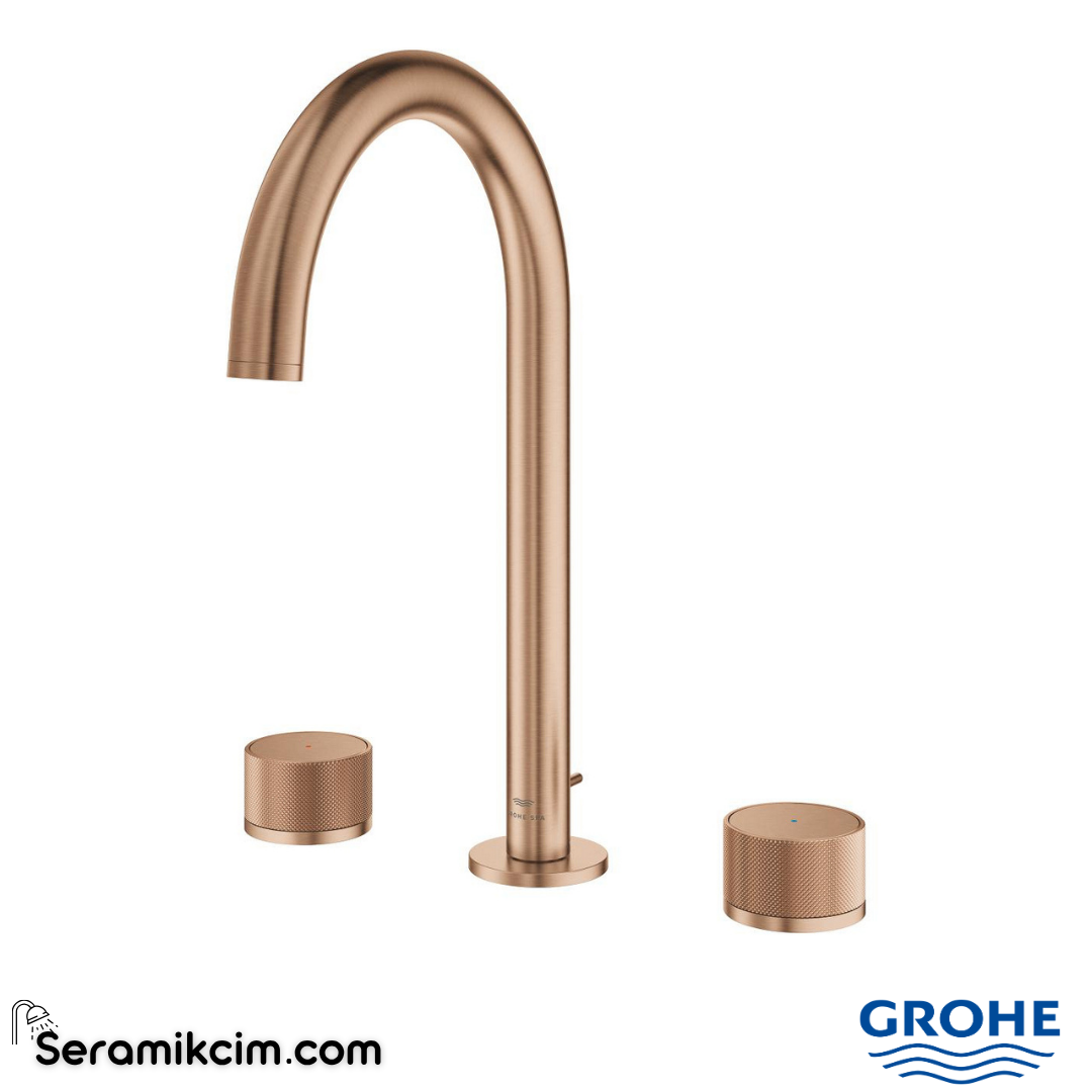 Grohe Atrio Private Collection 3 Delikli Ankastre Lavabo Bataryası, Sifon Kumandalı (L-Boy), Fırçalı Bakır 20595DL0