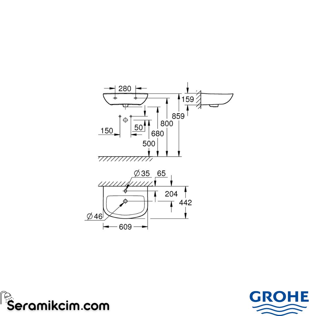 Grohe Bau Ceramic Standart Lavabo,60cm,Tasma Delikli Beyaz 39421000