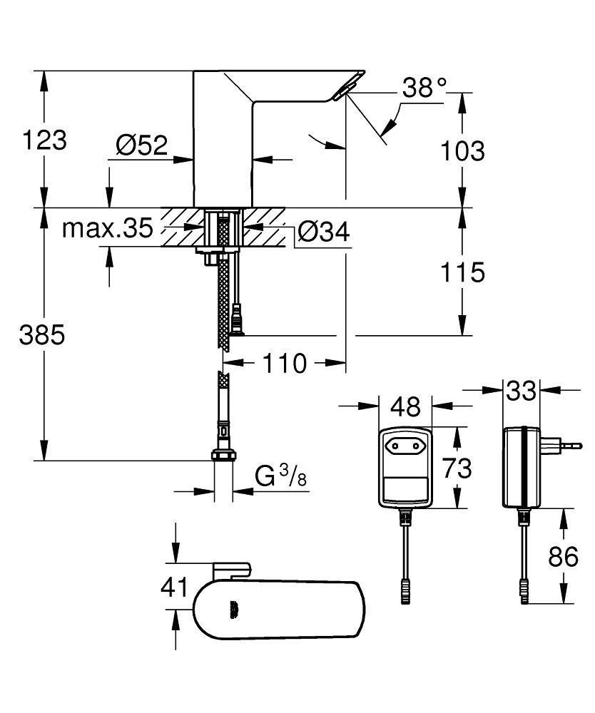 Grohe Bau Cosmopolitan Fotoselli Lavabo Bataryası (Elektrikli-Pilli, Çift Su Girişli) - 36453000 - 36453000