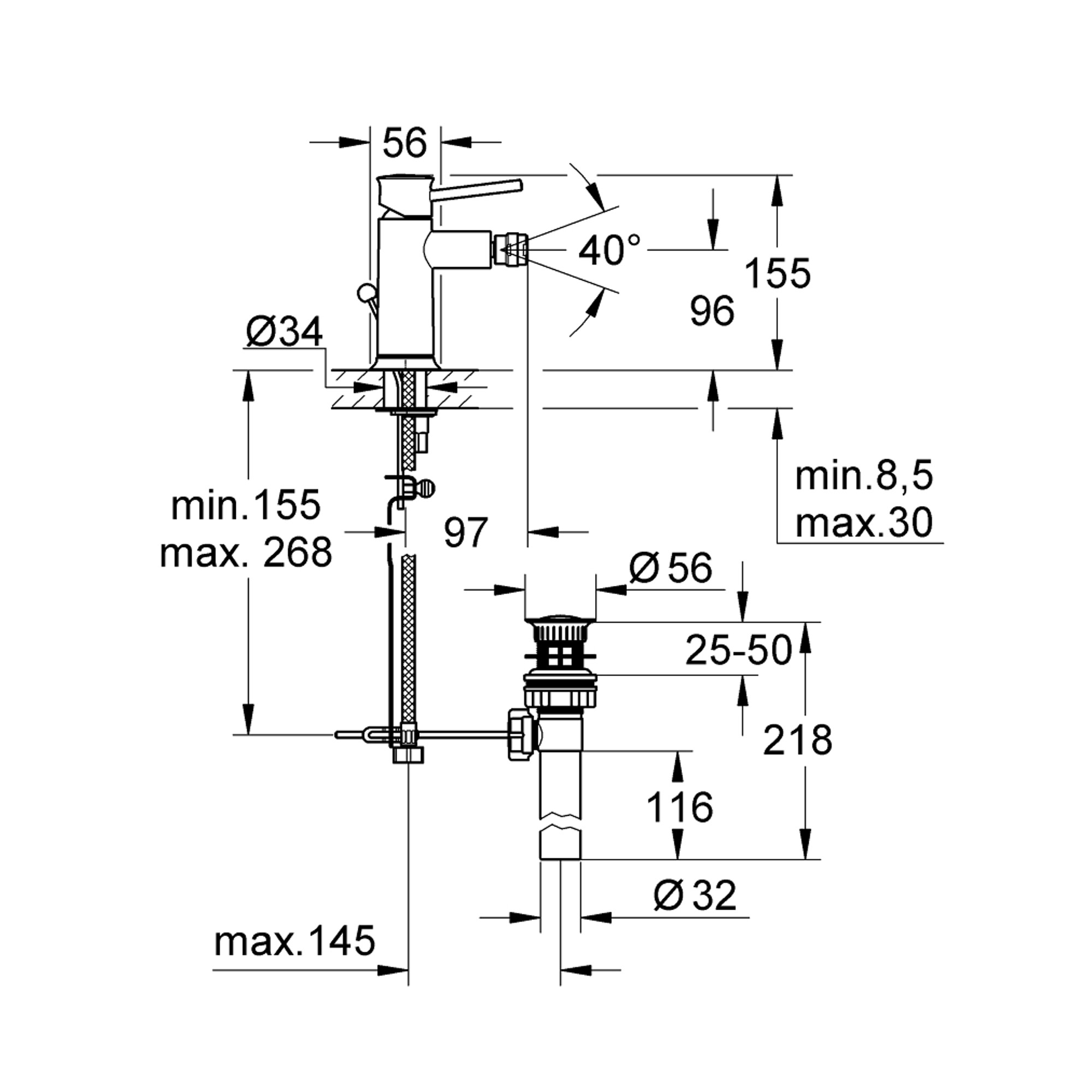 Grohe BauClassic Sifon Kumandalı Bide Bataryası (M Boy) Krom 32864000