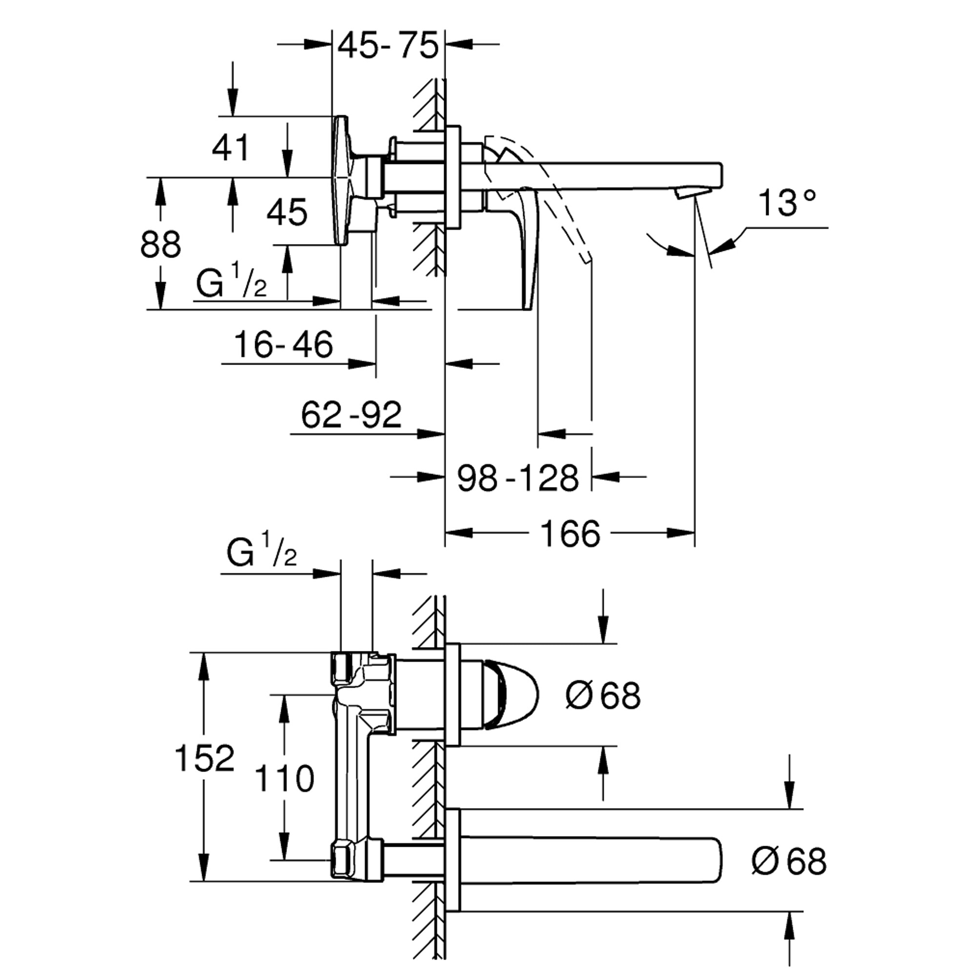 Grohe BauCurve 2 Delikli Ankastre Lavabo Bataryası Krom 20288000