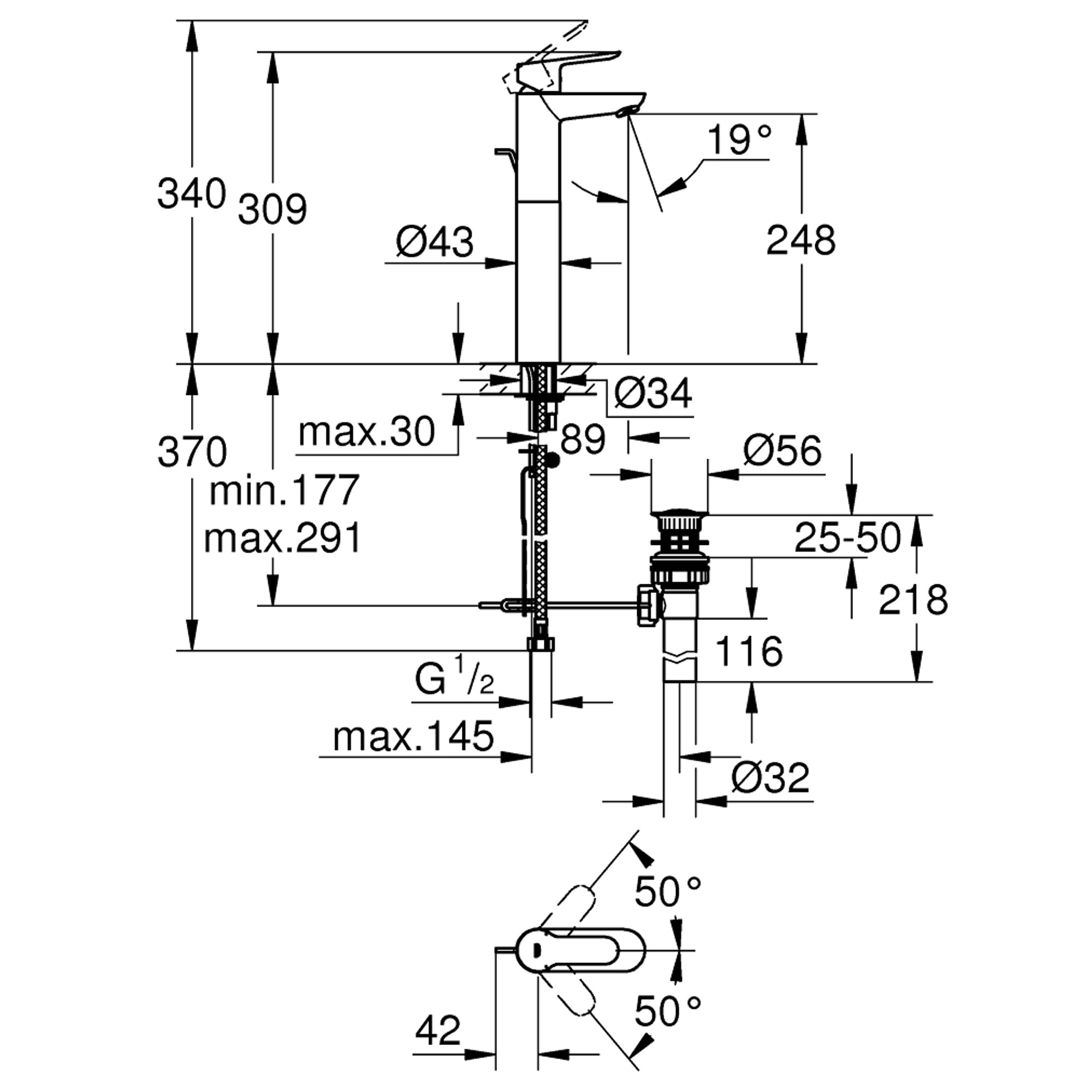 Grohe BauEdge Çanak Lavabo Bataryası Sifon Kumandalı Krom 32860000