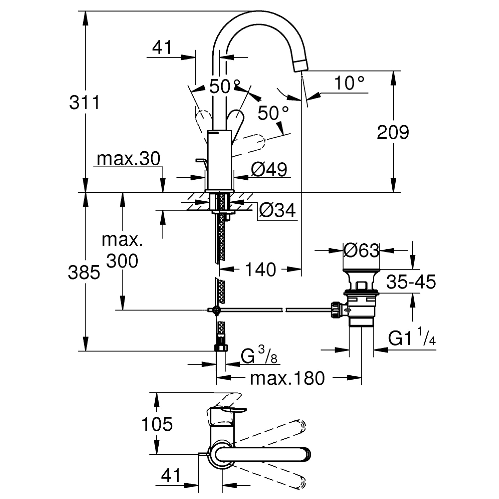 Grohe BauEdge Lavabo Bataryası L Boy Krom 23760000