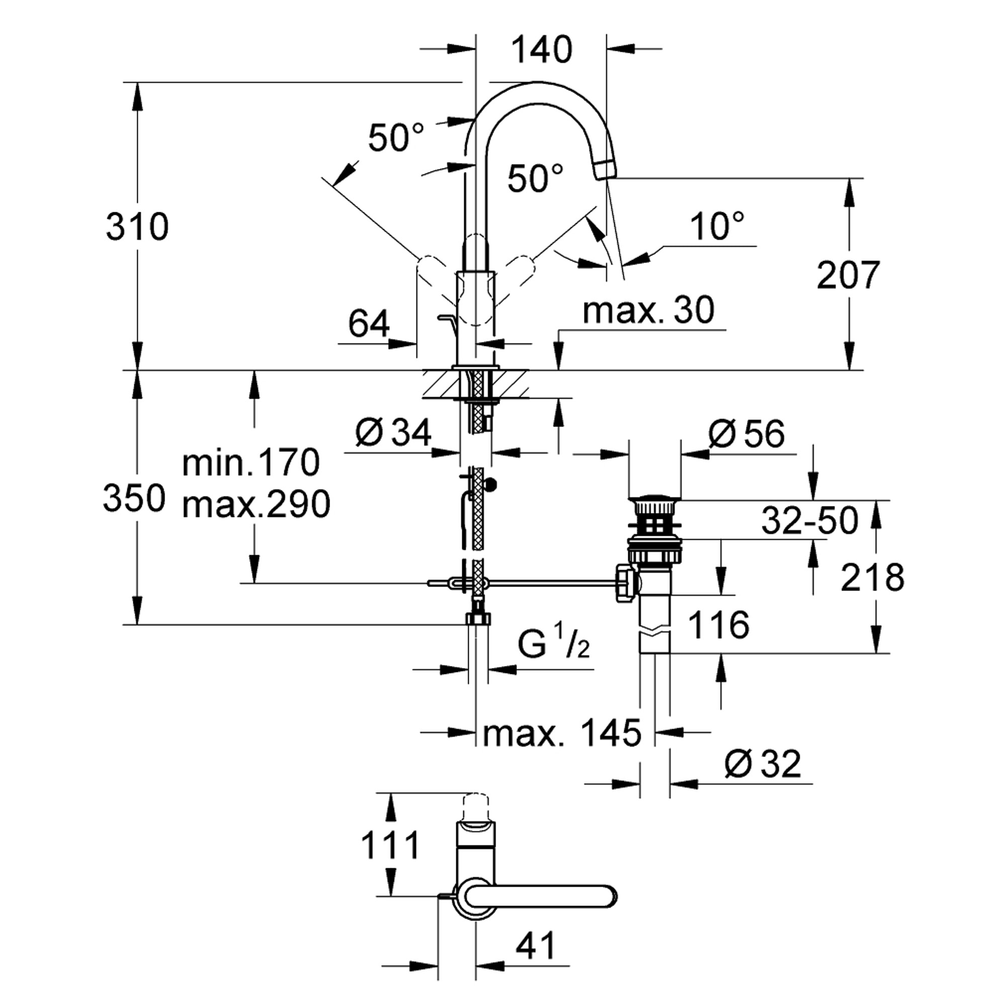 Grohe BauEdge Yüksek Lavabo Bataryası Sifon Kumandalı (L Boy) Krom 23093000