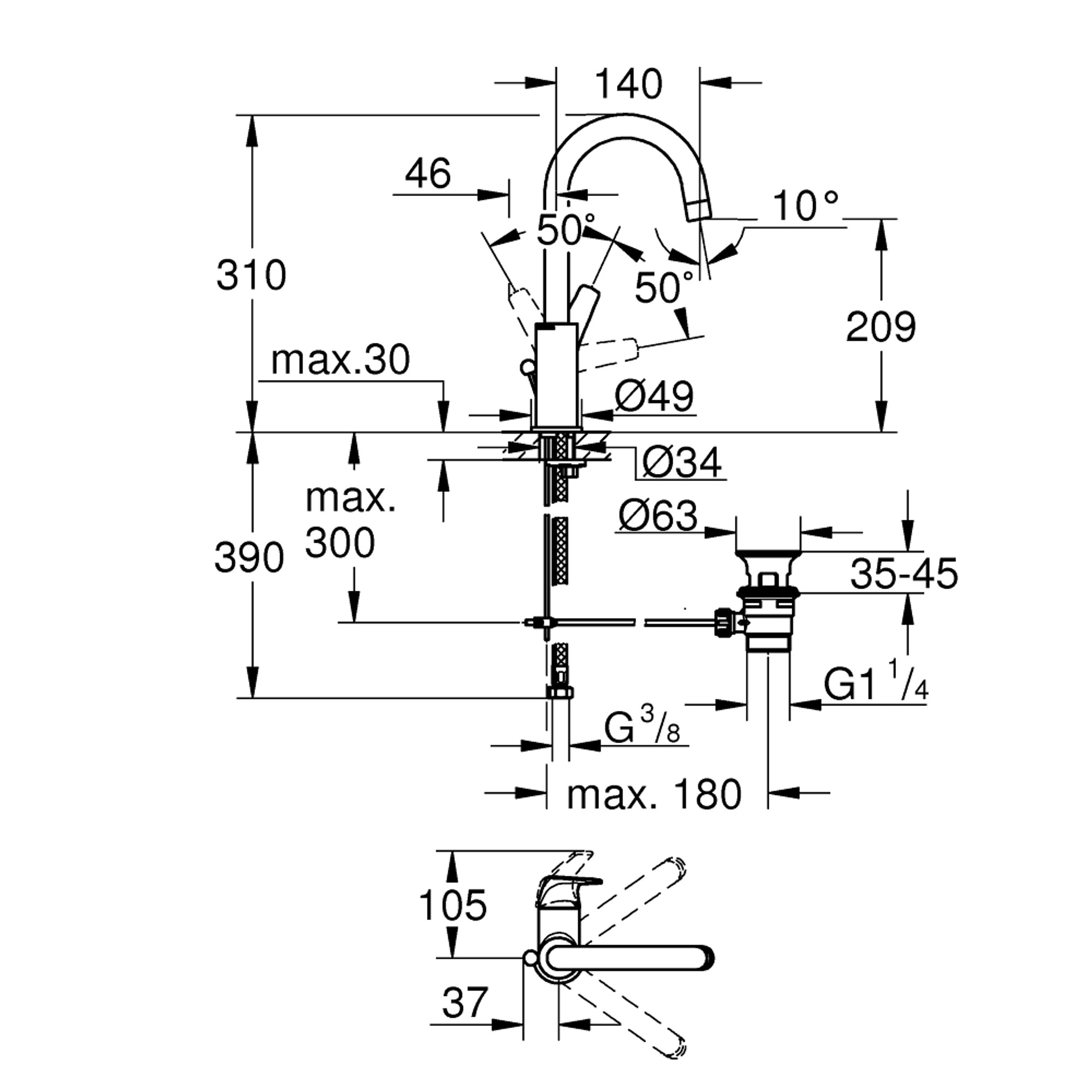 Grohe BauFlow Lavabo Bataryası L Boy Krom 23753000