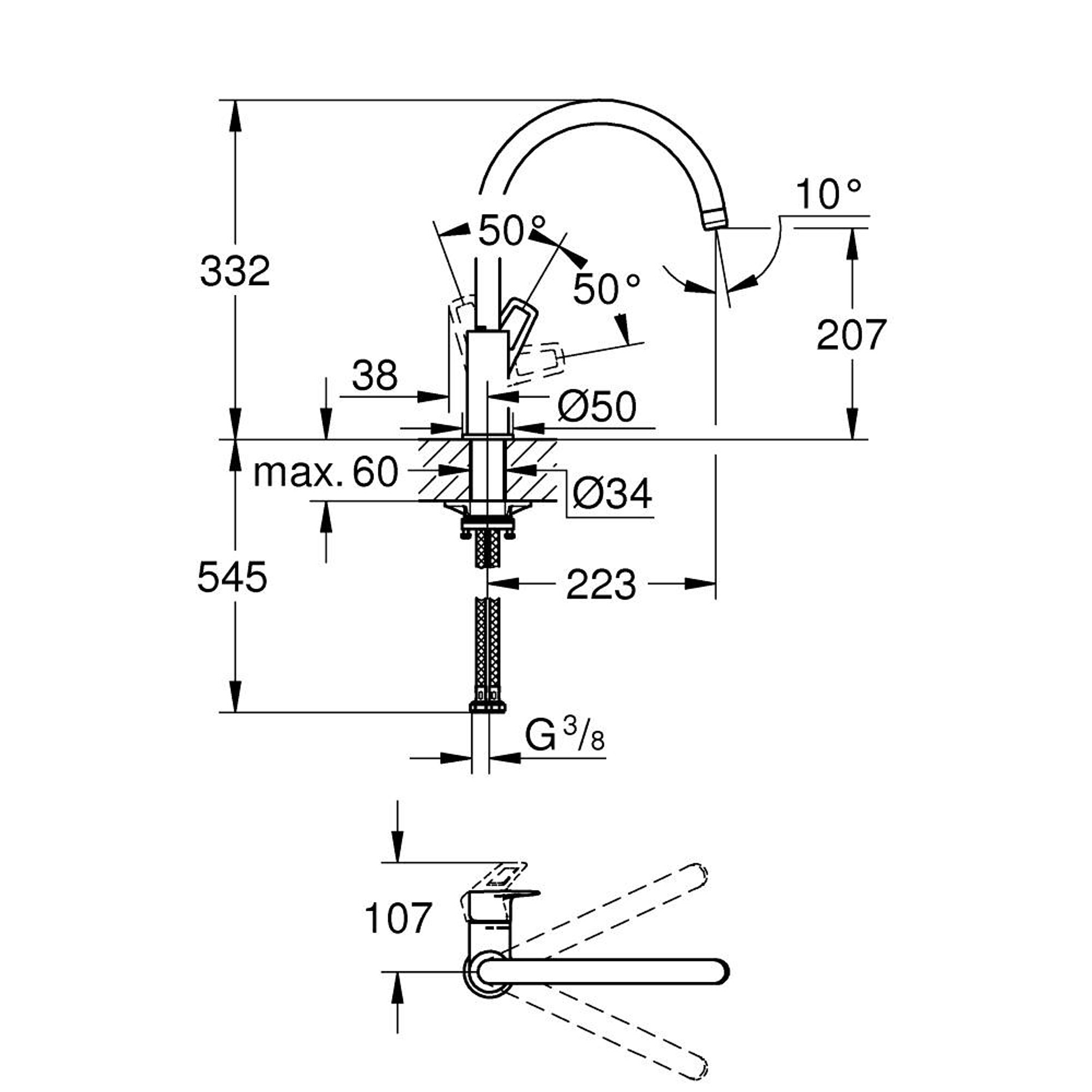 Grohe BauLoop Yüksek Borulu Mutfak Bataryası 360° Döner Borulu Krom 31368001
