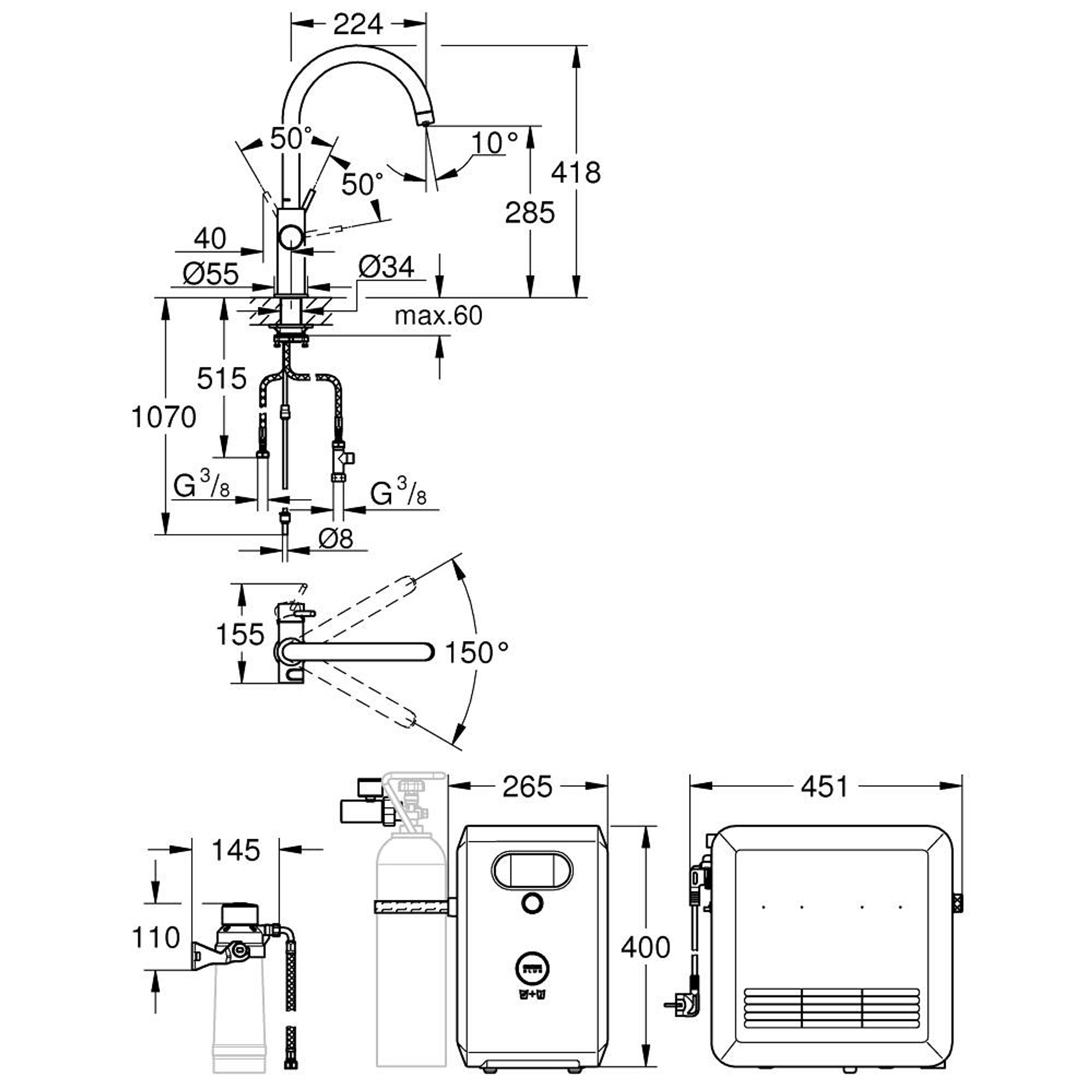 Grohe Blue Professional C Borulu Batarya Seti Paslanmaz Çelik 31323DC2