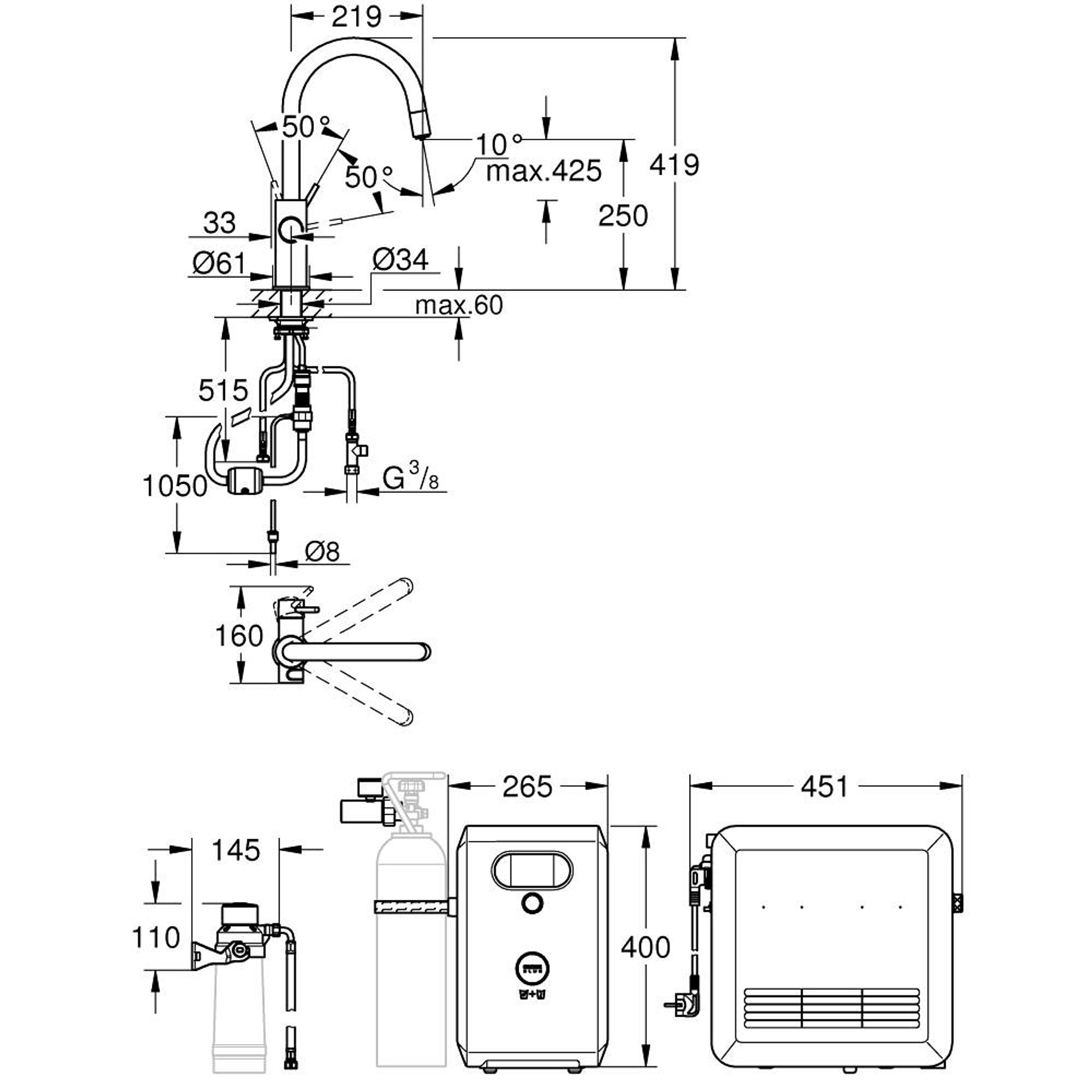 Grohe Blue Professional Çekilebilir C Borulu Batarya Seti Krom 31325002