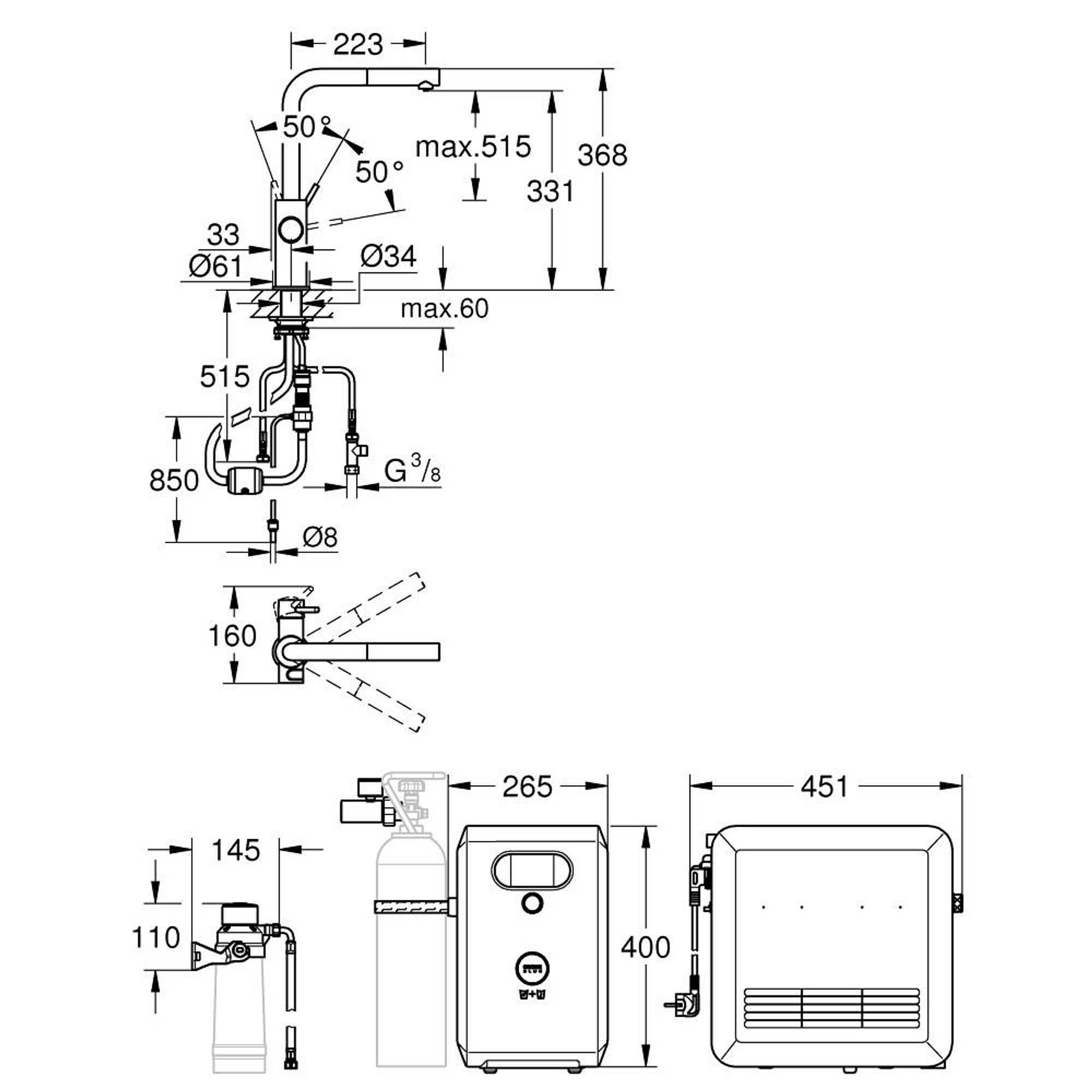 Grohe Blue Professional Çekilebilir L Borulu Batarya Seti Krom 31326002