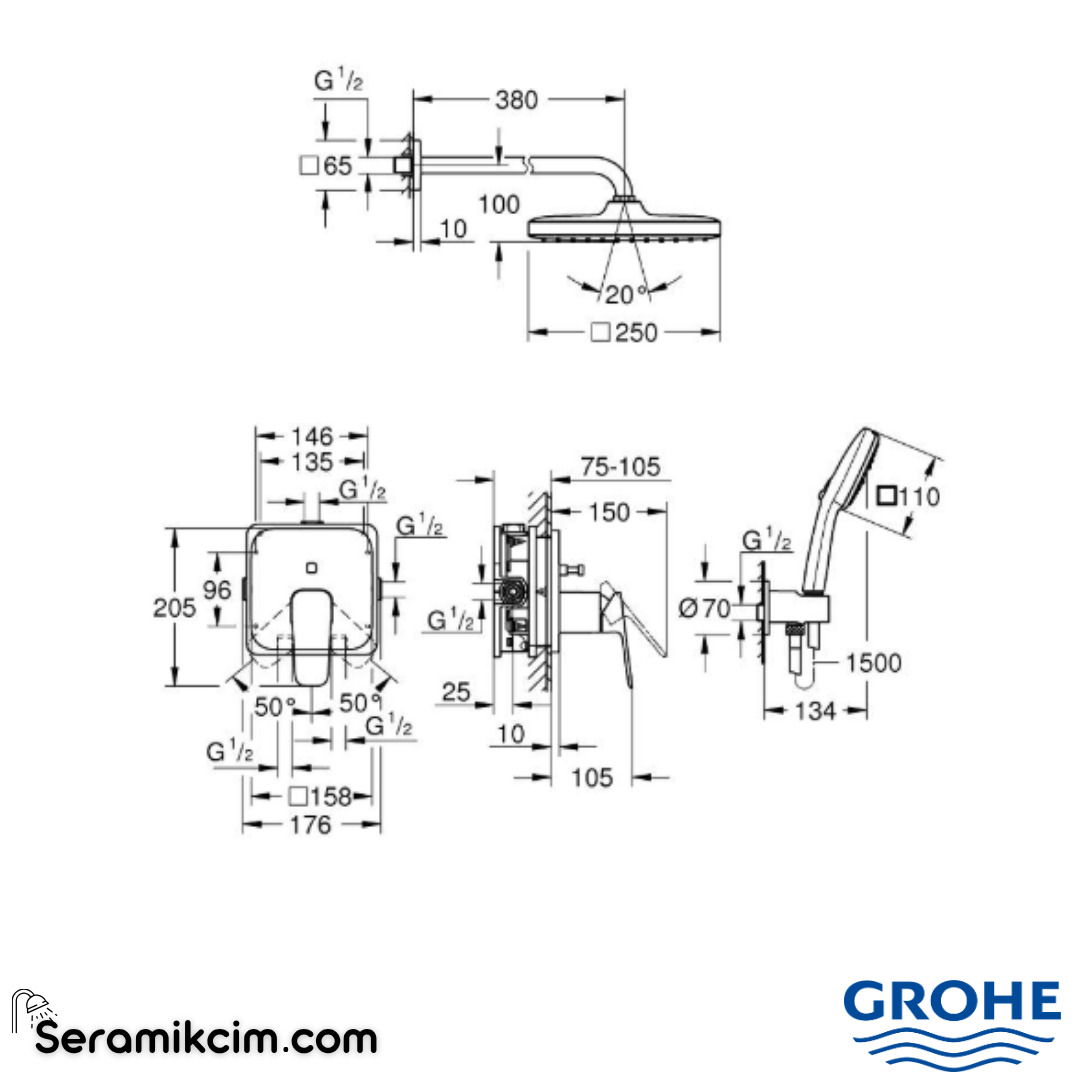 Grohe Cubeo Ankastre Banyo Bataryası, Tepe ve El Duşu Seti Krom 1053360000 - 1053360000