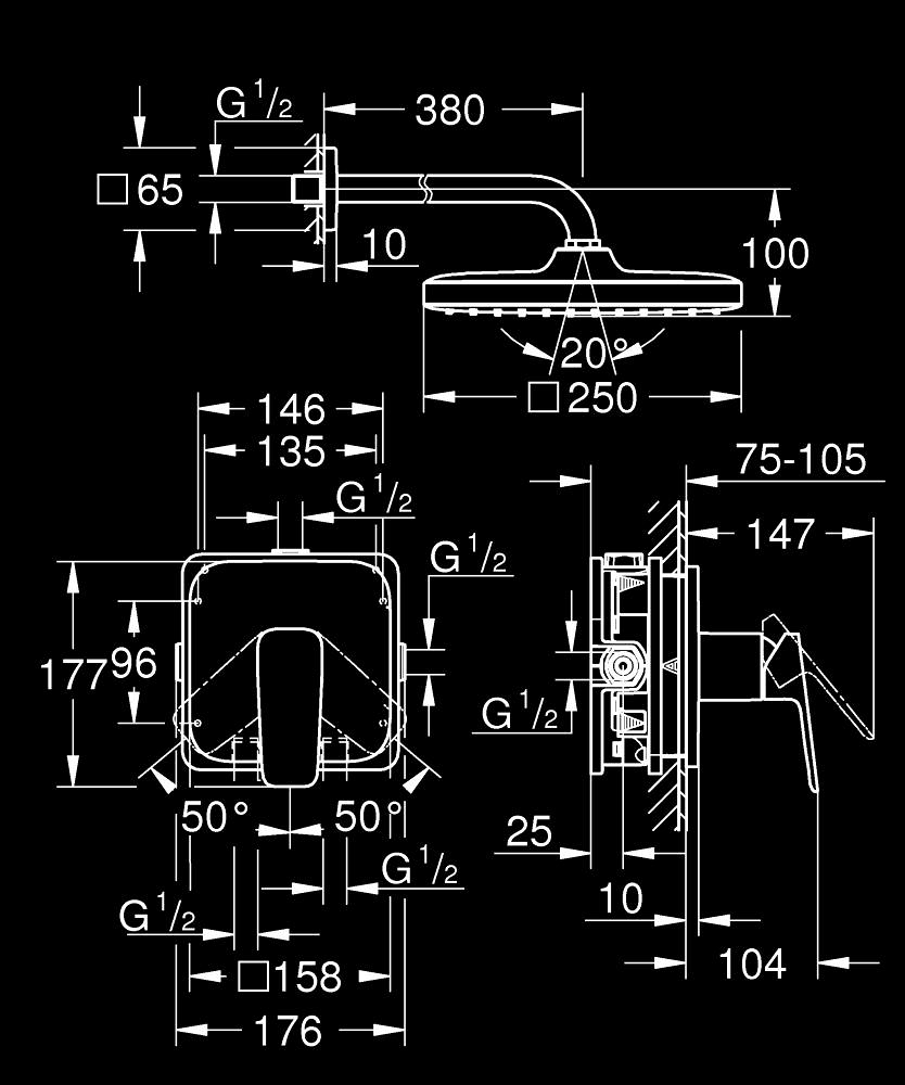 Grohe Cubeo Ankastre Duş Bataryası ve Tepe Duşu Seti, Mat Siyah 1053342430