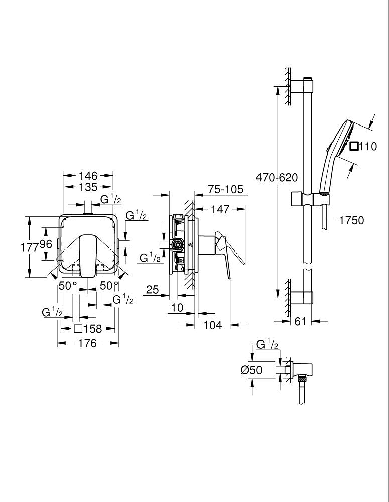 Grohe Cubeo Ankastre Duş Bataryası ve Sürgülü El Duşu Seti, Mat Siyah 1053352430