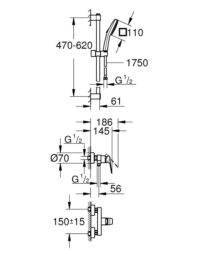 Grohe Cubeo Duş Bataryası ve Sürgülü El Duşu Seti, Mat Siyah 1018252430