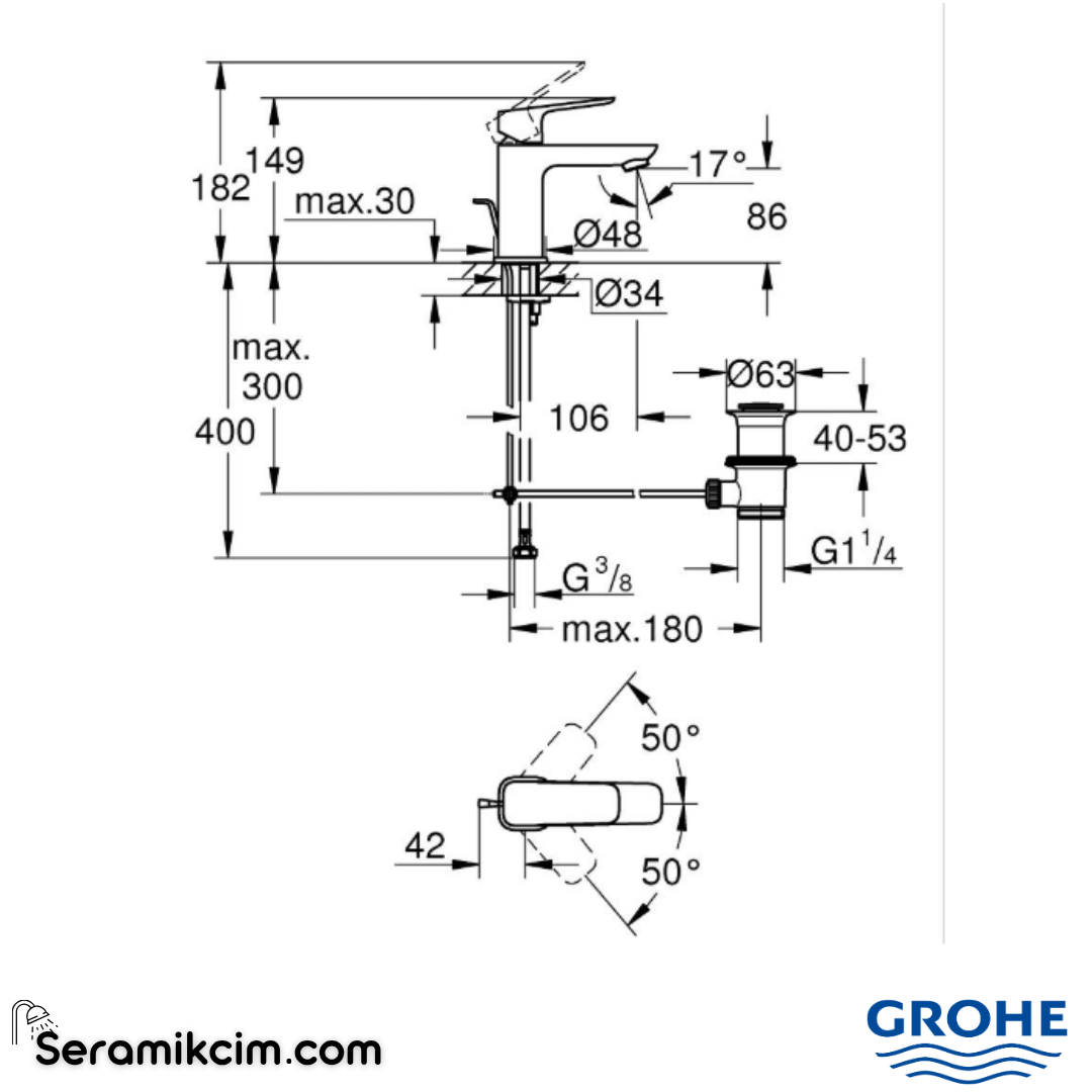 Grohe Cubeo Lavabo Bataryası, Mat Siyah, S-Boy (Sifon Kumandalı) 1016942430 - 1016942430