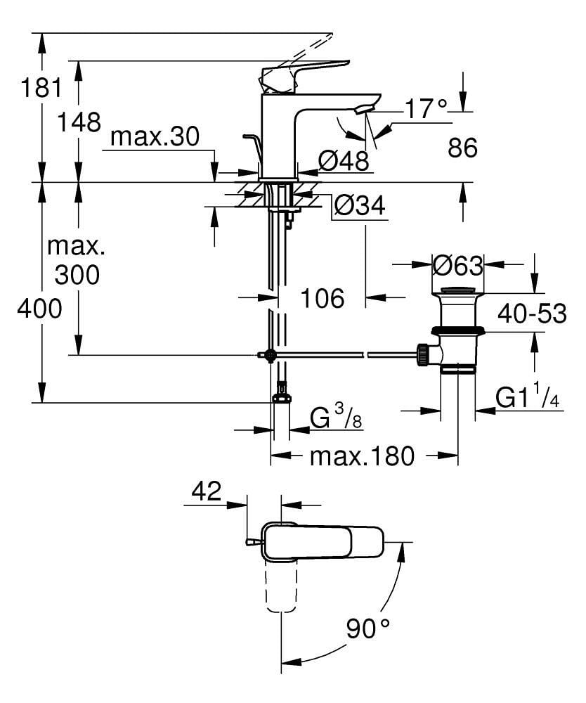 Grohe Cubeo Lavabo Bataryası, S-Boy (Sifon Kumandalı) Krom 1017300000