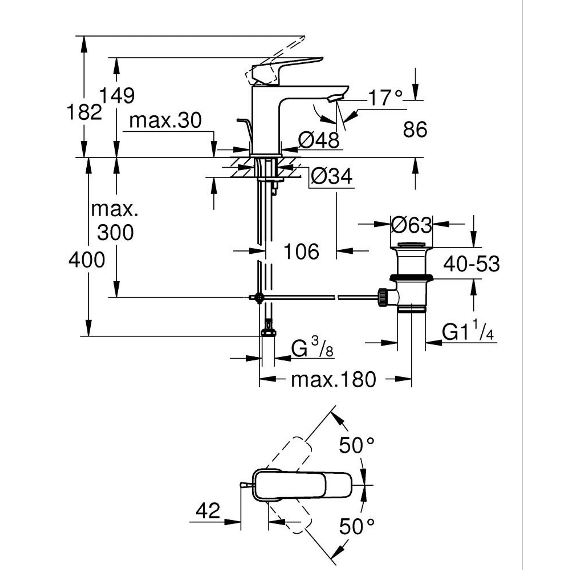 Grohe Cubeo Lavabo Bataryası, S-Boy (Sifon Kumandalı) Krom 1016940000