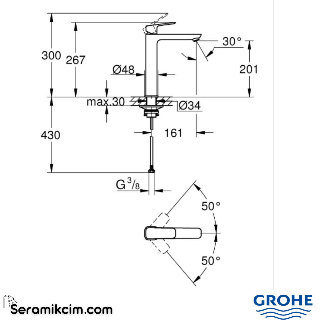 Grohe Cubeo Tezgah Üstü Lavabo Bataryası, XL-Boy Krom 1017290000