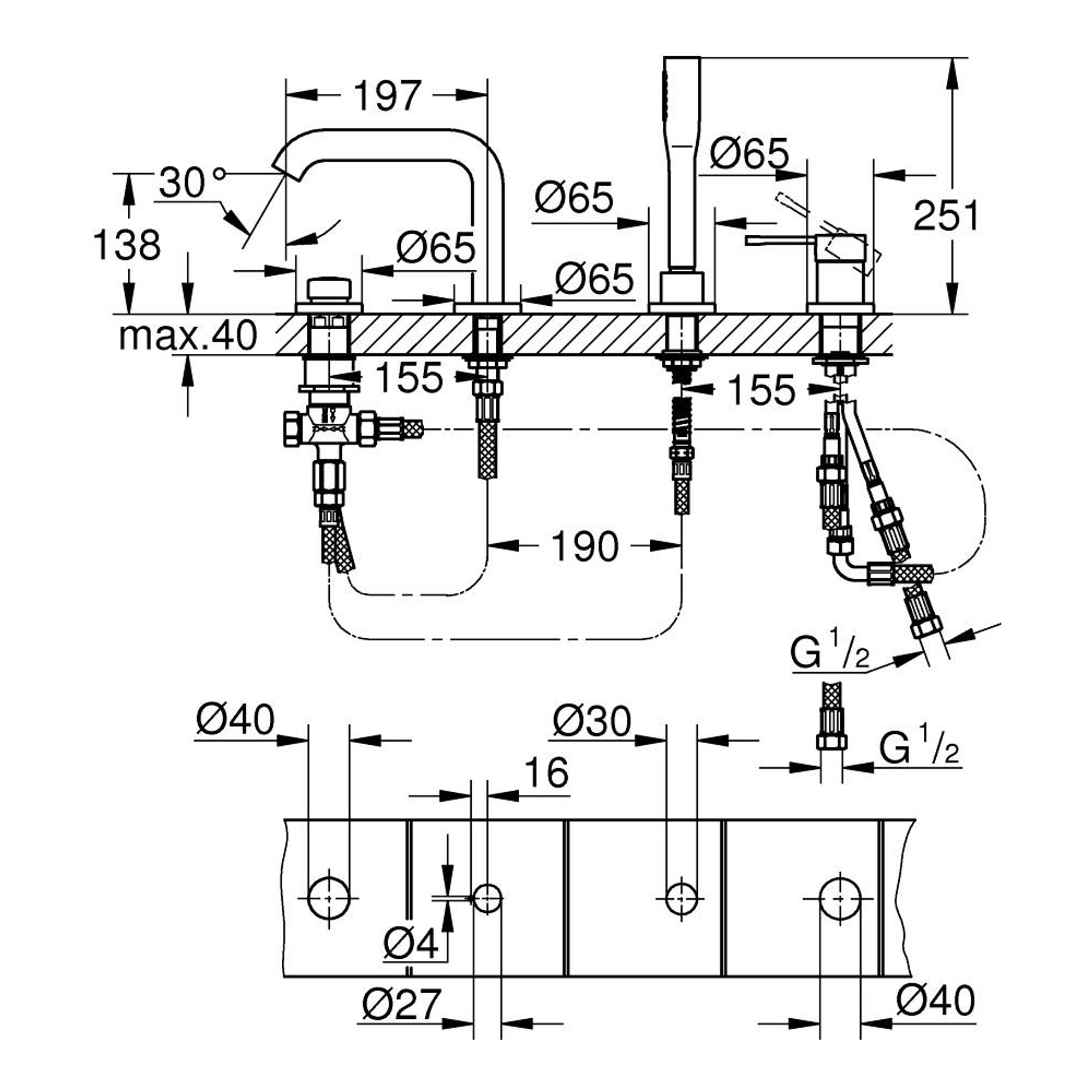 Grohe Essence 4 Delikli Küvet Bataryası (Sıva Üstü Grubu) Fırçalı Sert Grafit 19578AL1