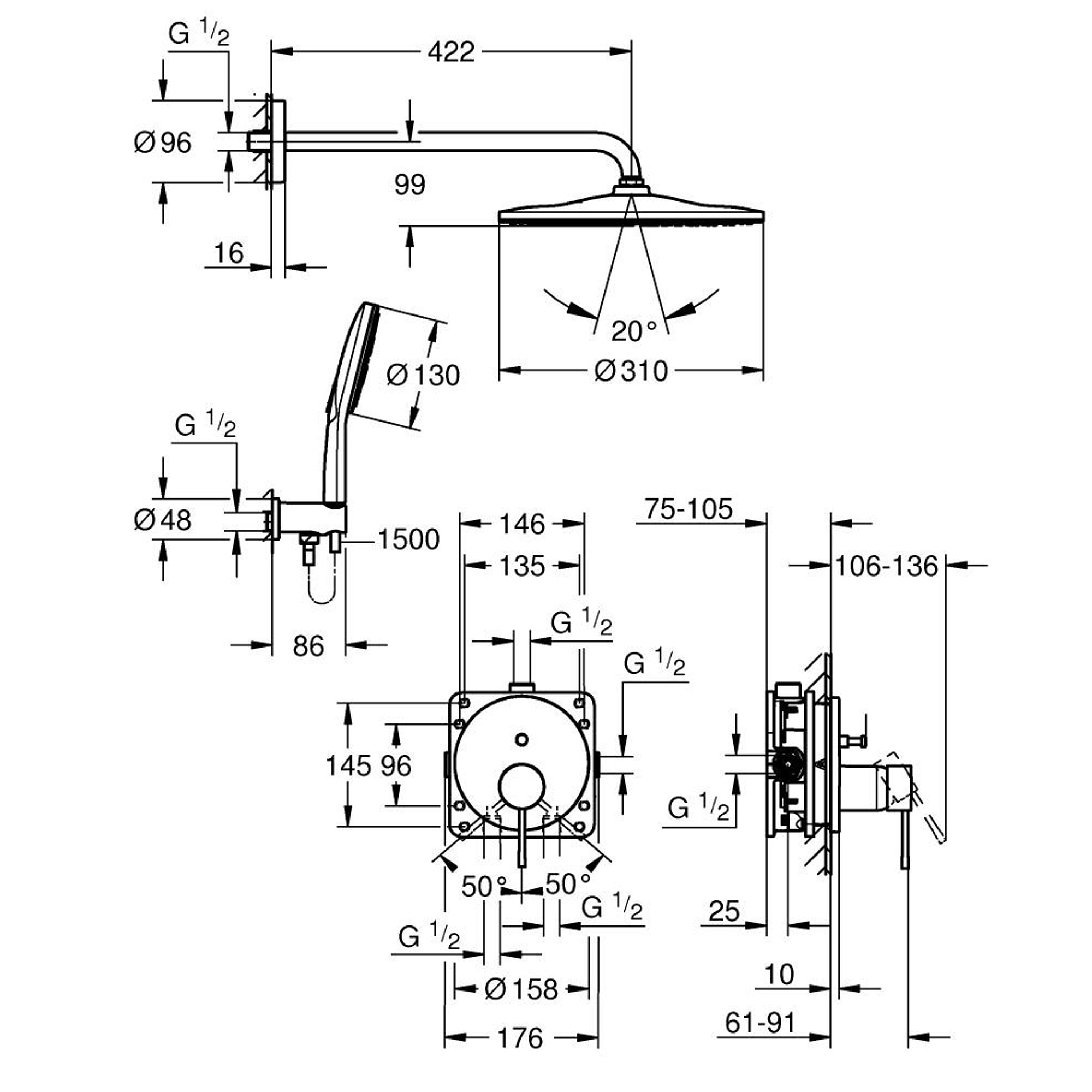 Grohe Essence Ankastre Duş Sistemi Rainshower Mono 310 Parlak Altın 25287GL0