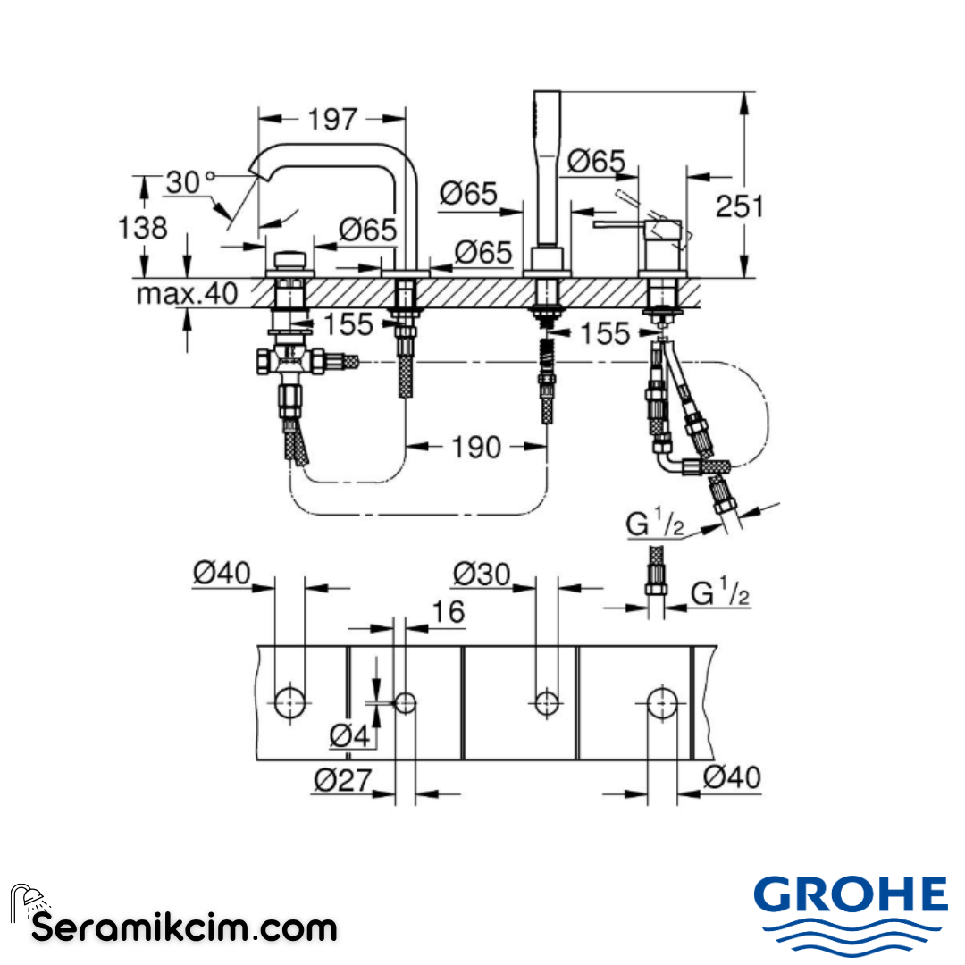 Grohe Essence Dört Delikli Ankastre Küvet Bataryası (Sıva Üstü Grubu), Sert Grafit 25251A01 - 25251A01