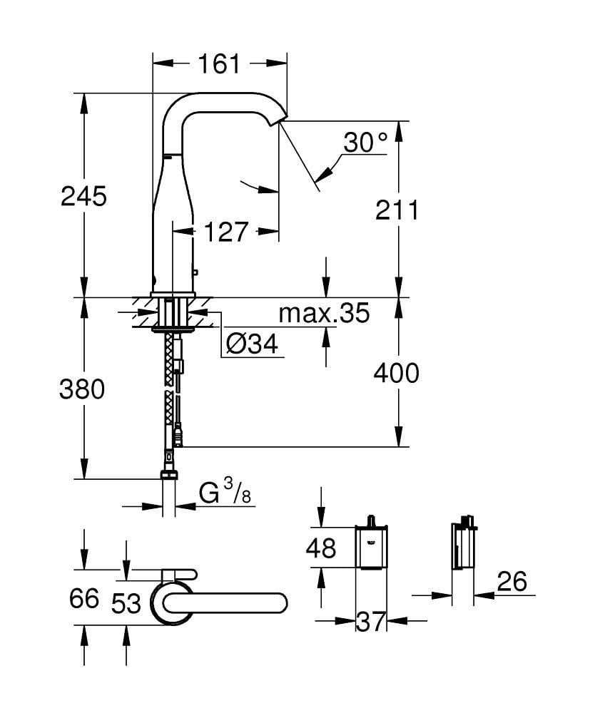 Grohe Essence E Fotoselli Lavabo Bataryası, Çift Su Girişli, Ayarlanabilir Sıcaklık Sınırlayıcısı - 36445000