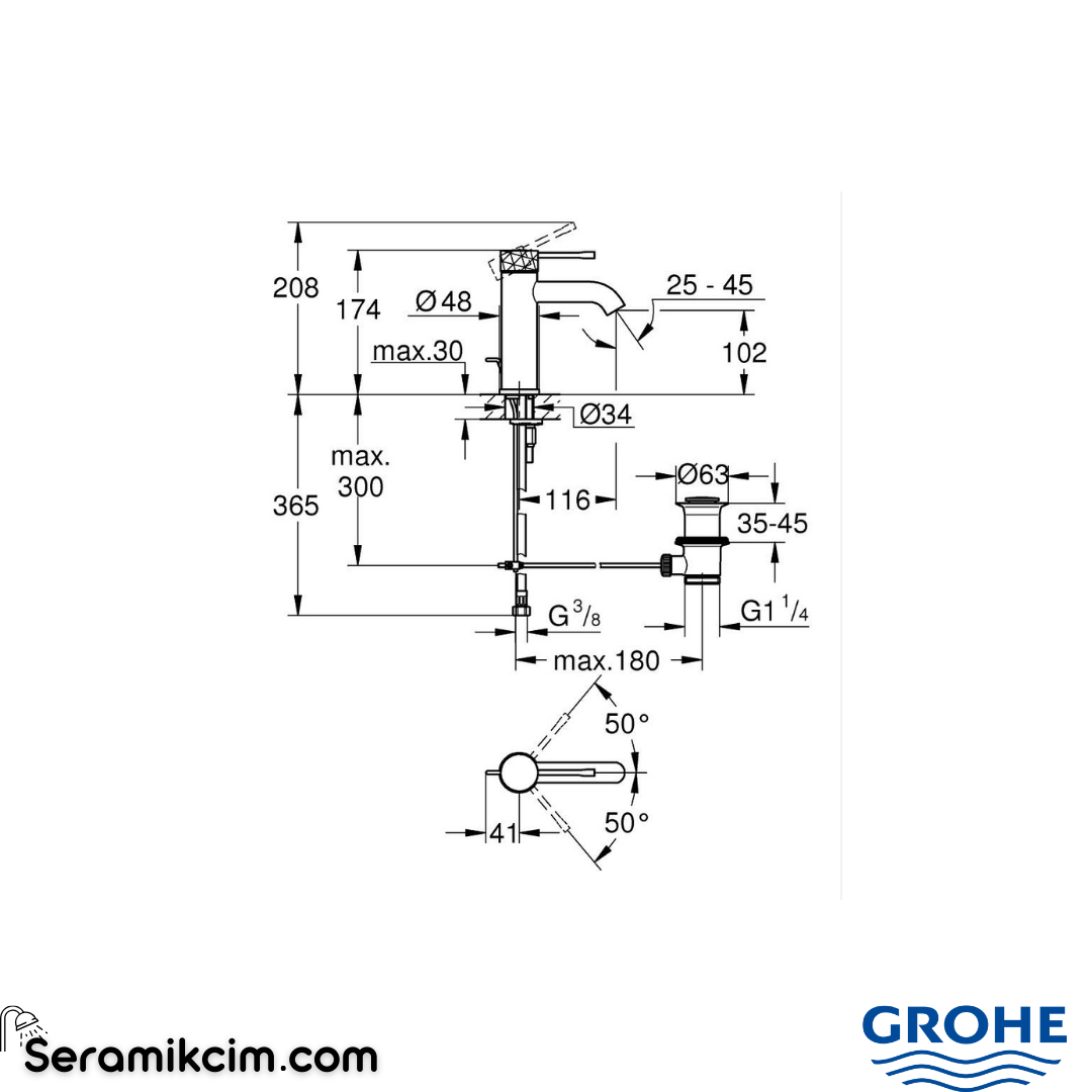 Grohe Essence Lavabo Bataryası Sifon Kumandalı Mat Bakır 24171DE1