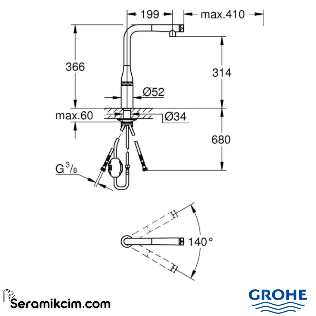 Grohe Essence SmartControl Spiralli Eviye Bataryası, Mat Siyah 31928KF0