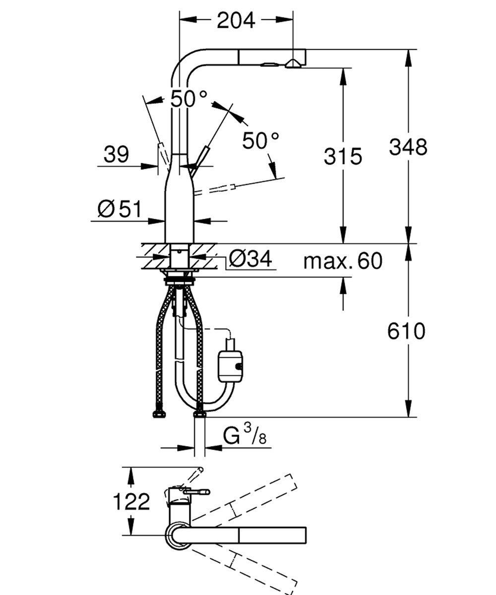 Grohe Essence Spiralli Eviye Bataryası, L Başlıklı, Bakır