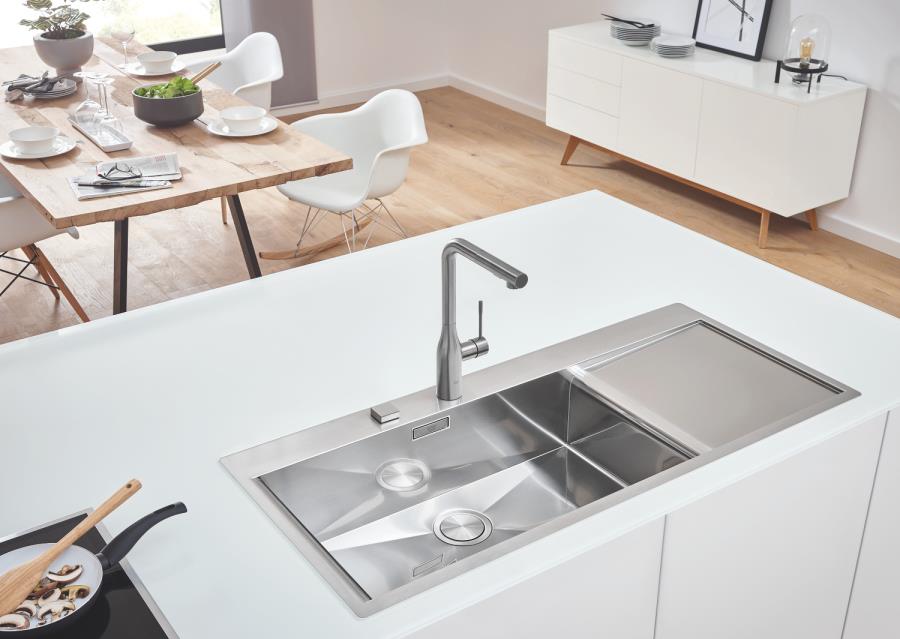 Grohe Essence Tek Kumandalı Spiralli Eviye Bataryası, L Başlıklı, Paslanmaz Çelik