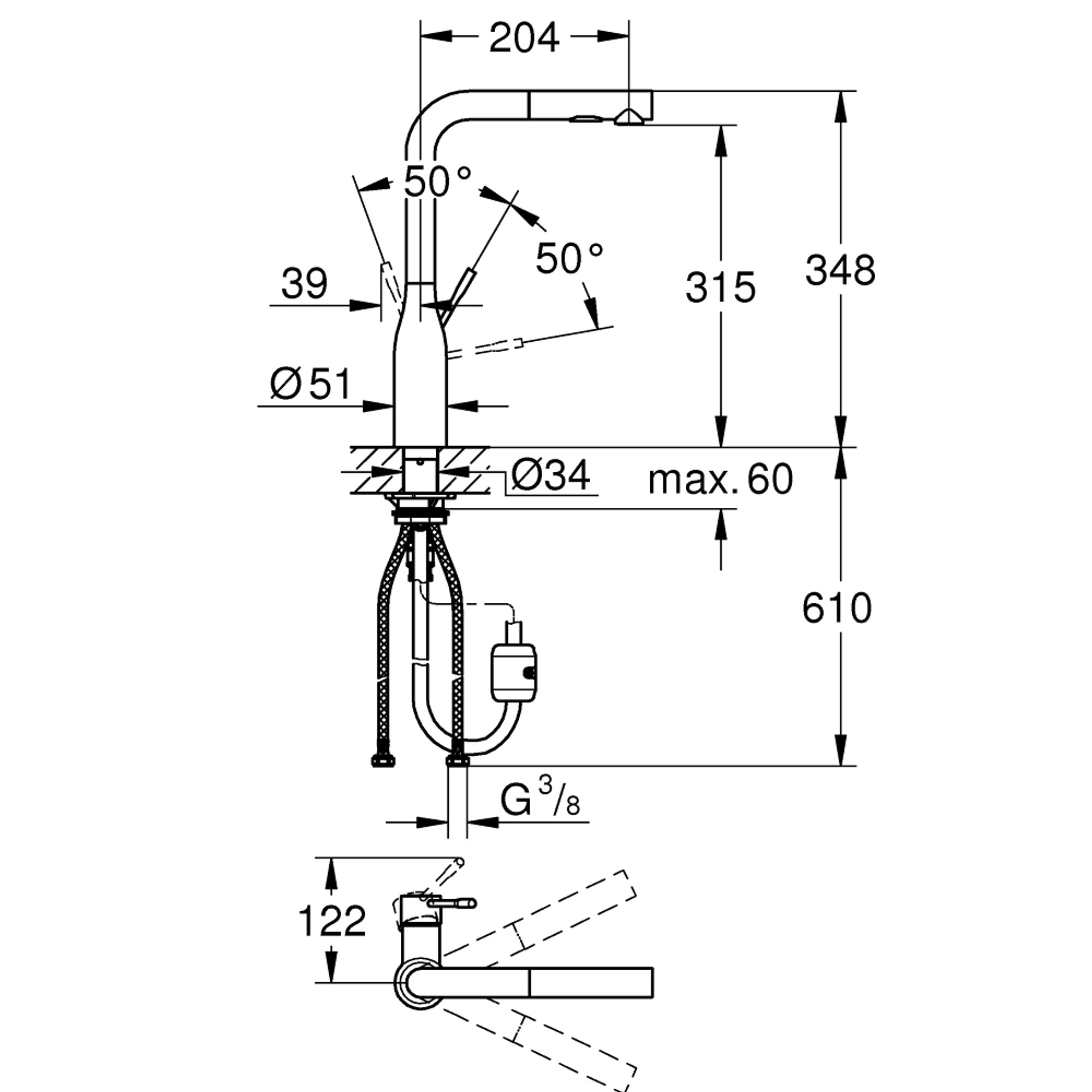 Grohe Essence Tek Kumandalı Spiralli Eviye Bataryası L Başlıklı Paslanmaz Çelik 30270DC0