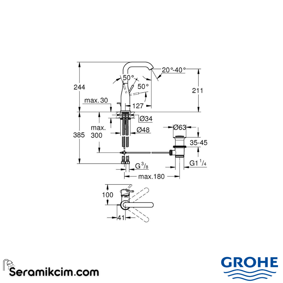 Grohe Essence Yüksek Lavabo Bataryası, Sifon Kumandalı, Fırçalı Sert Grafit 24174AL1 - 24174AL1