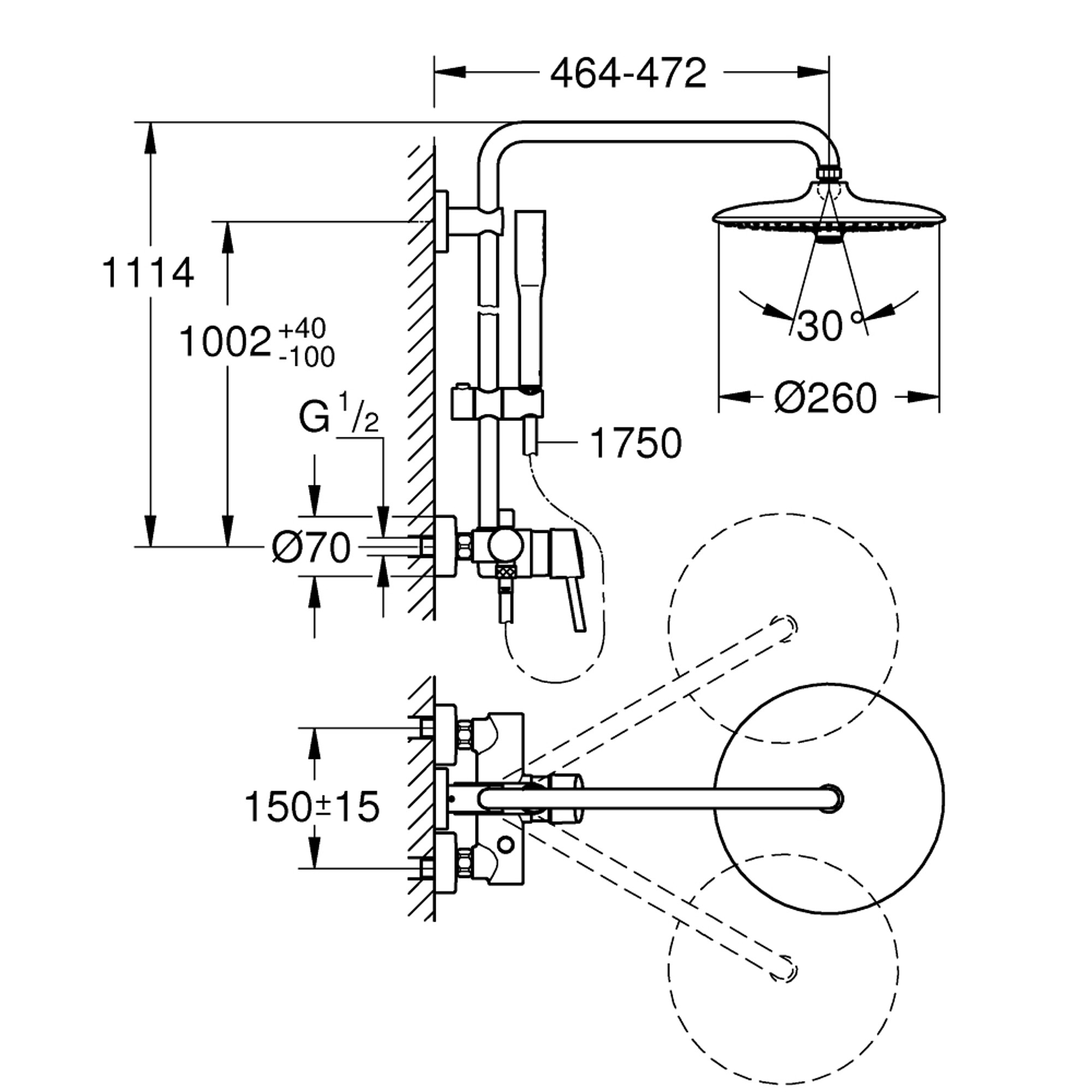 Grohe Euphoria Concetto System 260 Duvardan Bataryalı Duş Kolonu Krom 23061003