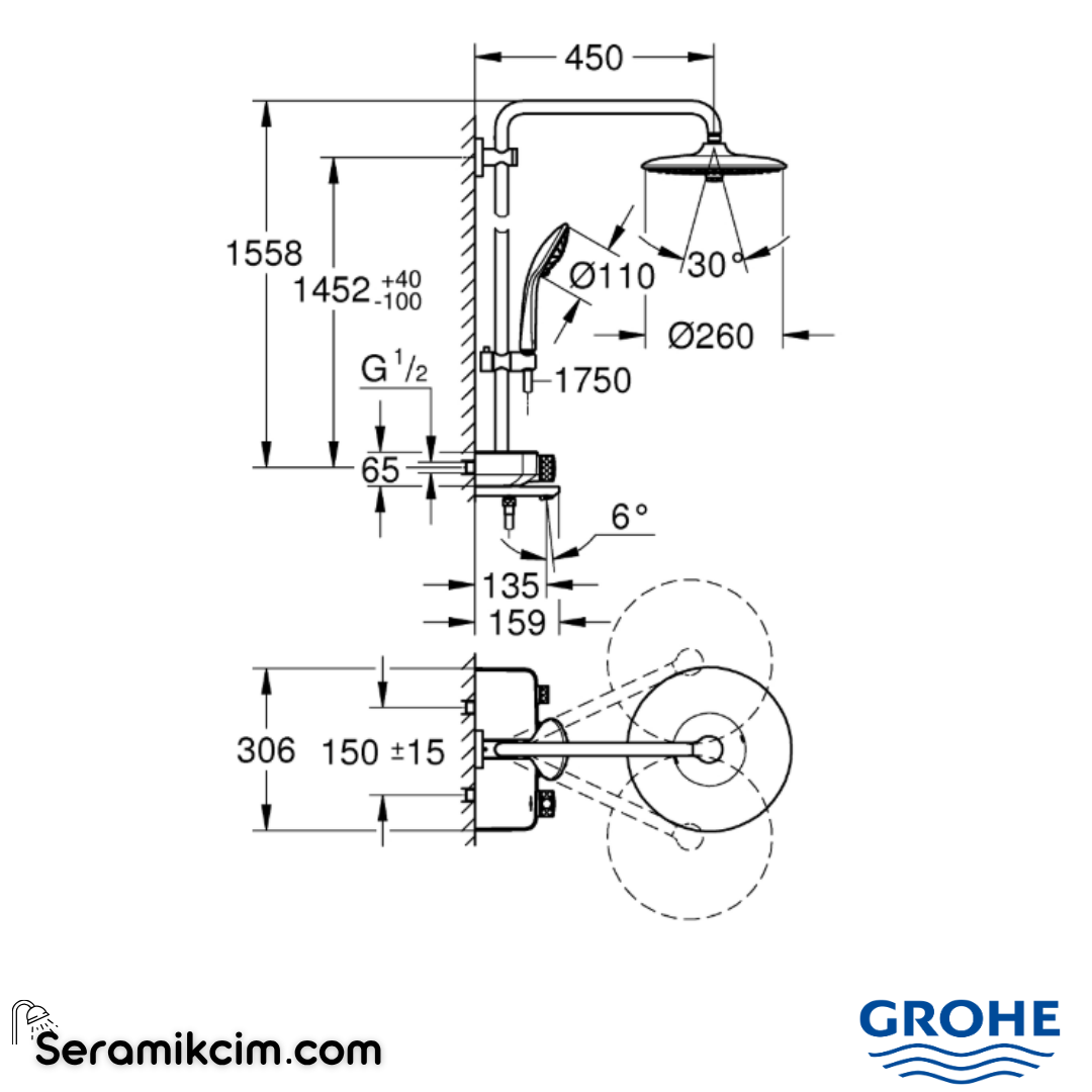 Grohe Euphoria SmartControl 260 Mono Duş sistemi Duvara Monte Termostatik Banyo Bataryalı Duş Kolonu Krom 26510000