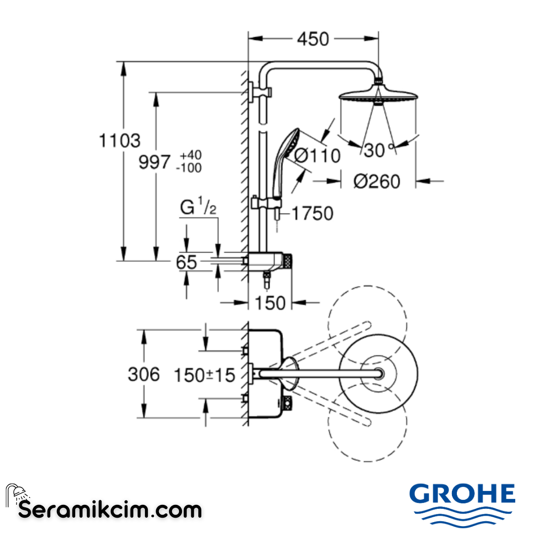 Grohe Euphoria SmartControl 260 Mono Duş sistemi Duvara Monte Termostatik Bataryalı Duş Kolonu Krom 26509000