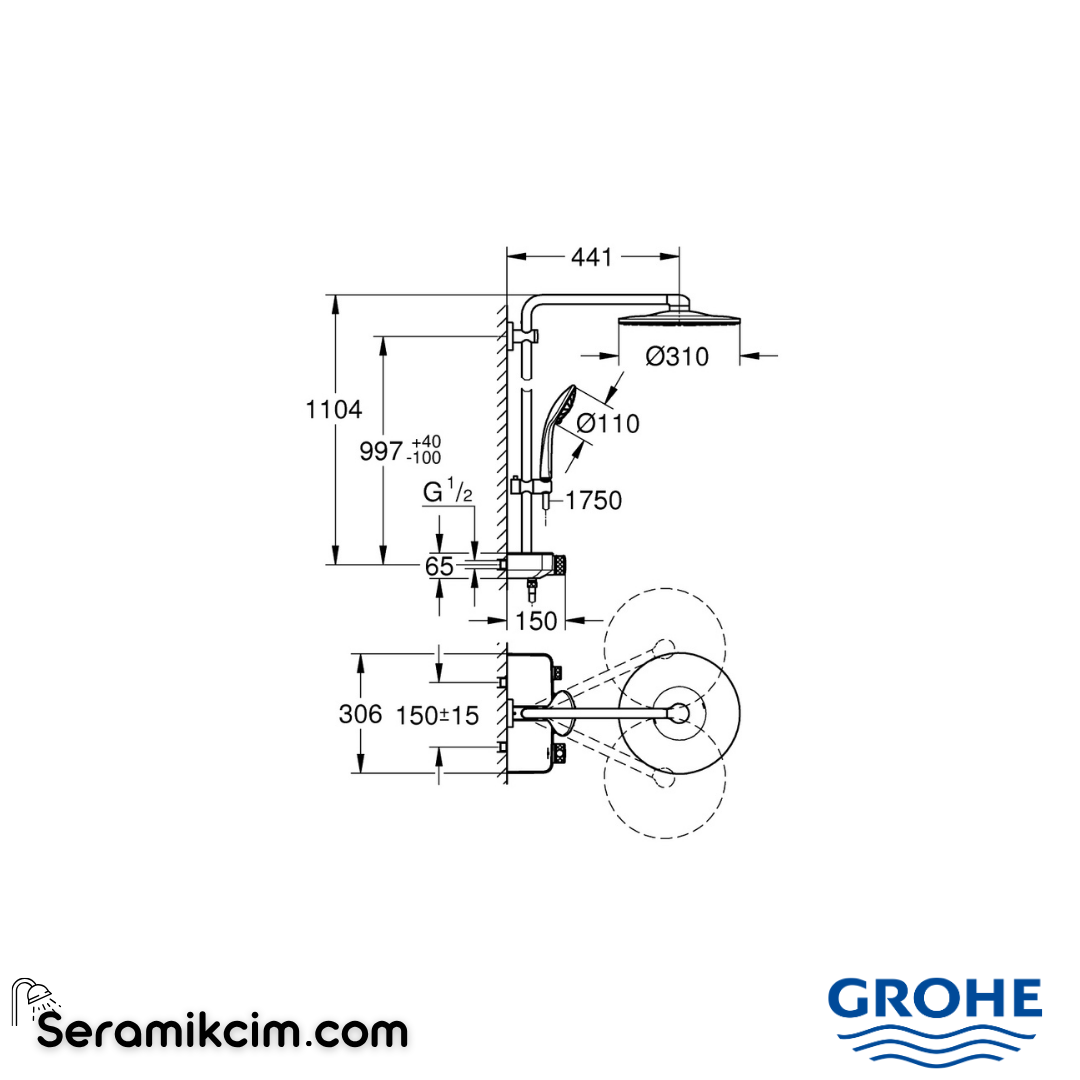 Grohe Euphoria SmartControl 310 Duo Duş Sistemi, Duvara Monte, Termostatik Bataryalı Duş Kolonu, Fırçalı Sert Grafit 26507AL0