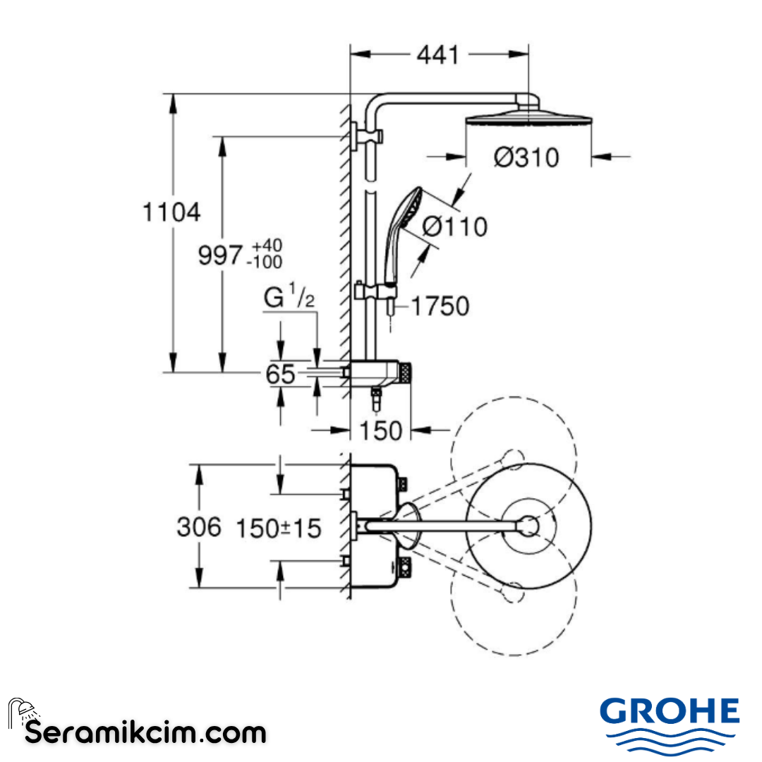 Grohe Euphoria SmartControl 310 Duo Duş Sistemi, Duvara Monte, Termostatik Bataryalı Duş Kolonu, Parlak Bakır 26507DA0