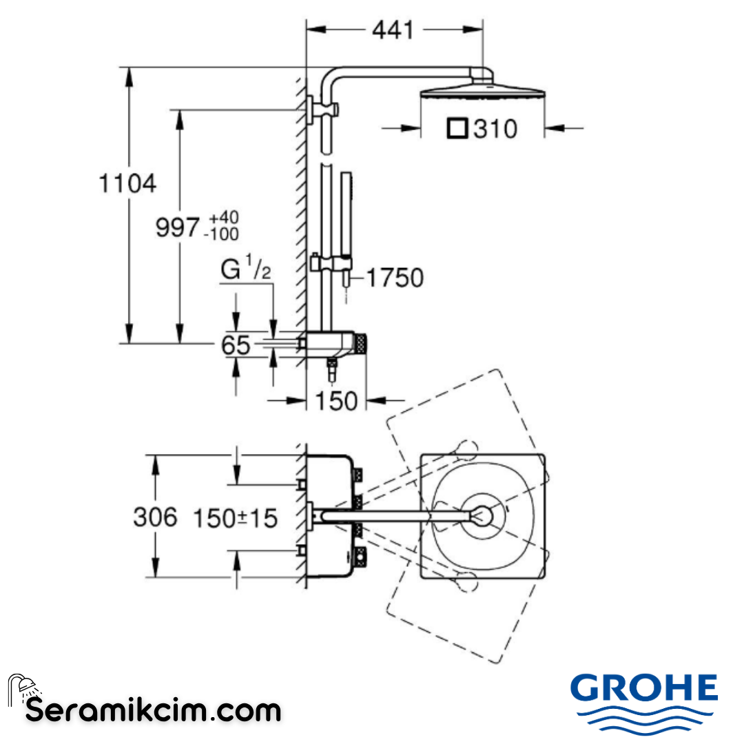 Grohe Euphoria SmartControl System 310 Cube Duo Duvara Monte Termostatik Bataryalı Duş Sistemi, Sert Grafit 26508A00