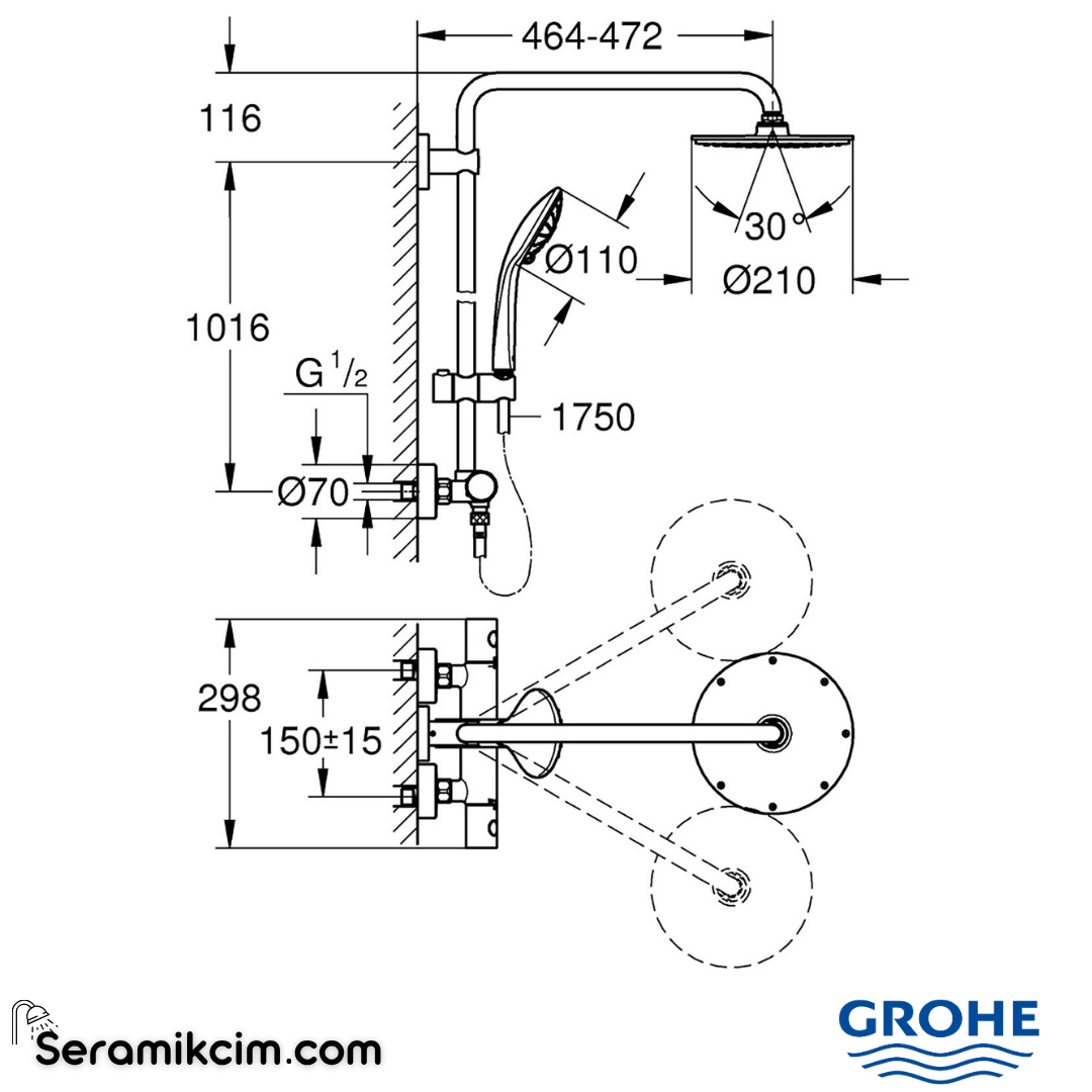 Grohe Euphoria System 210 Duvara Monte Termostatik Duş Bataryalı Duş Sistemi Krom 27964000 - 27964000