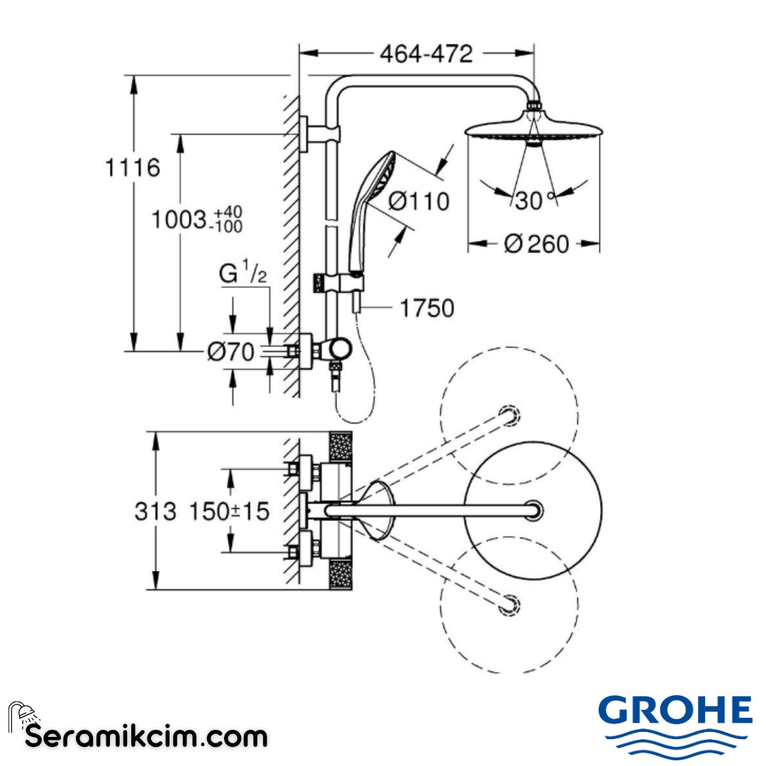Grohe Euphoria System 260 Duvara Monte Termostatik Duş Bataryalı Duş Sistemi Krom 27615002 - 27615002