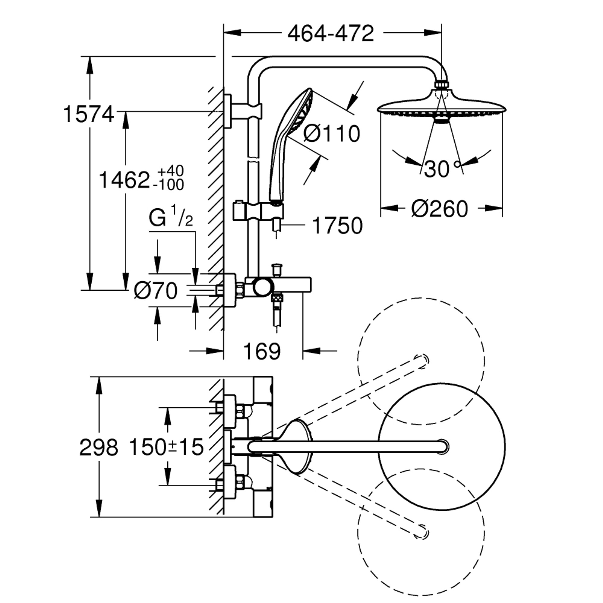 Grohe Euphoria System 260 Duvardan Termostatik Banyo Duş Sistemi Krom 27475002