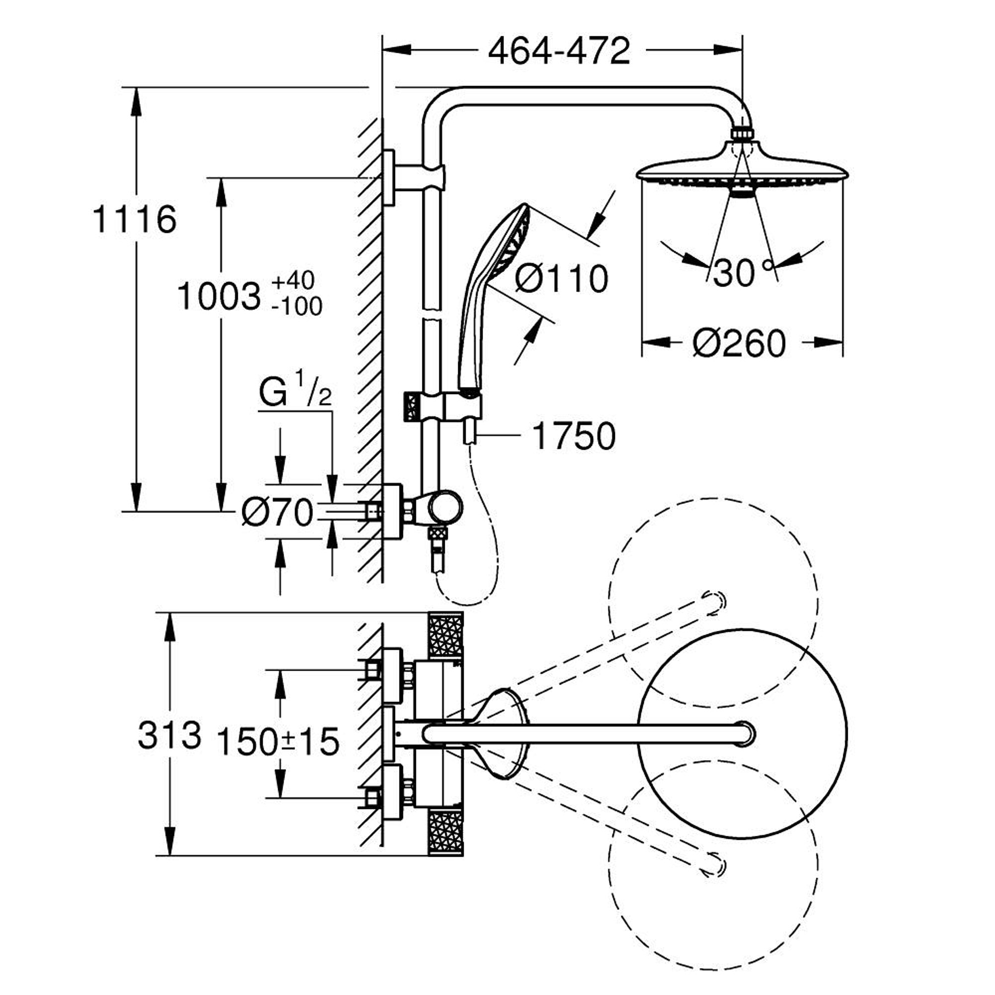Grohe Euphoria System 260 Termostatik Duş Sistemi Tepe Duşu 3 Fonksiyonlu 260 mm Krom 27296003
