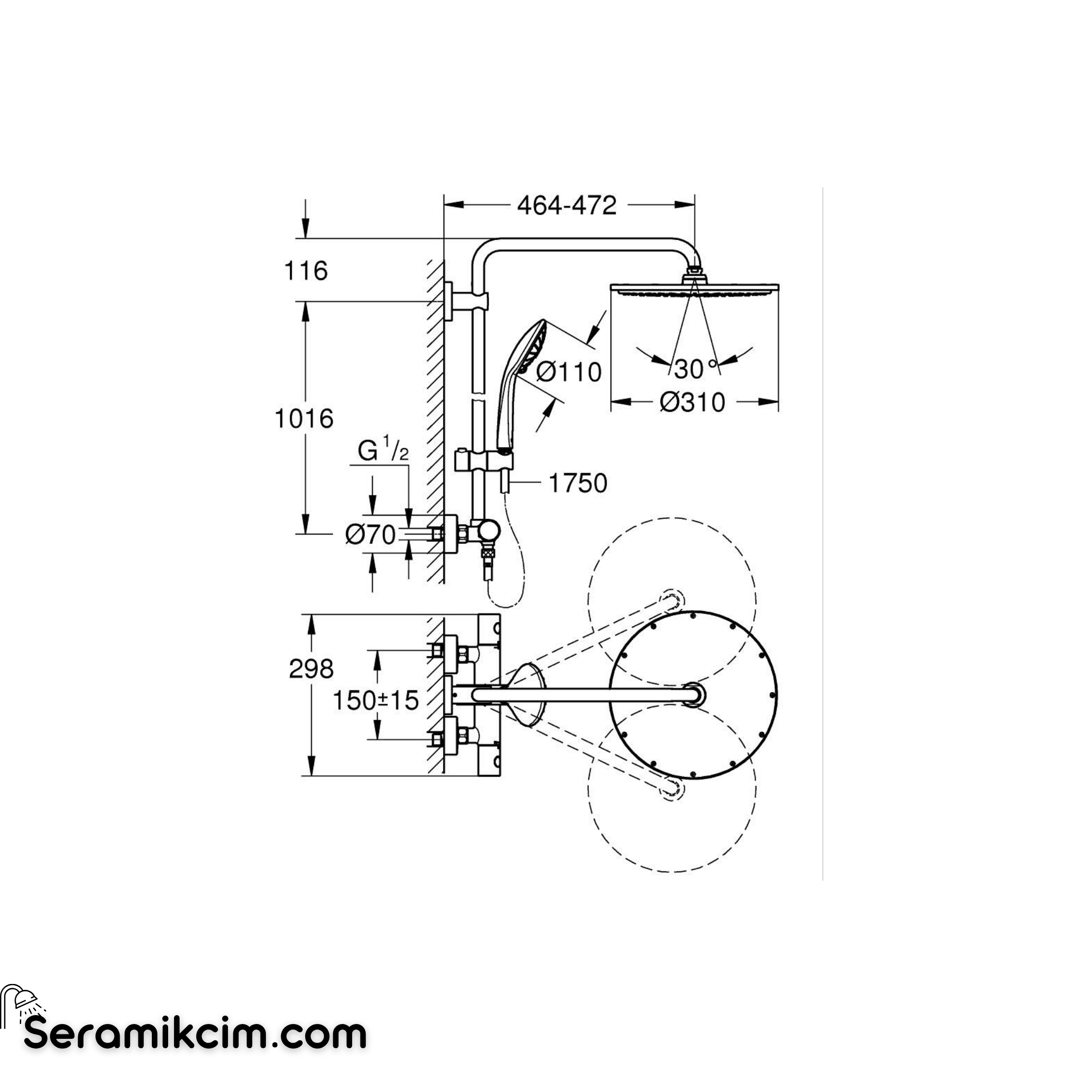 Grohe Euphoria System 310 Duvara Monte Termostatik Duş Bataryalı Duş Sistemi, Fırçalı Bakır 26075DL0