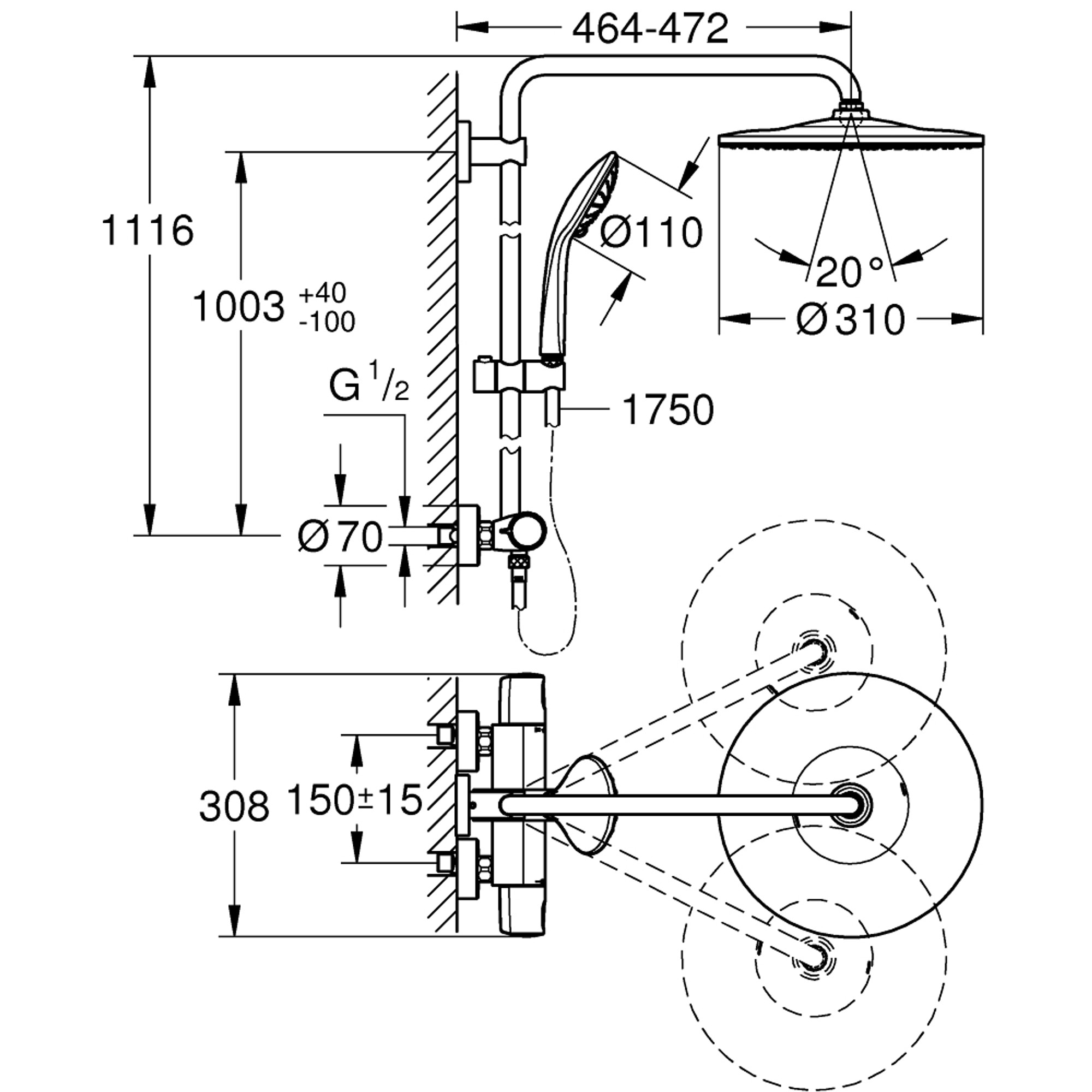 Grohe Euphoria System 310 Duvardan Termostatik Duş Sistemi Krom 26723000