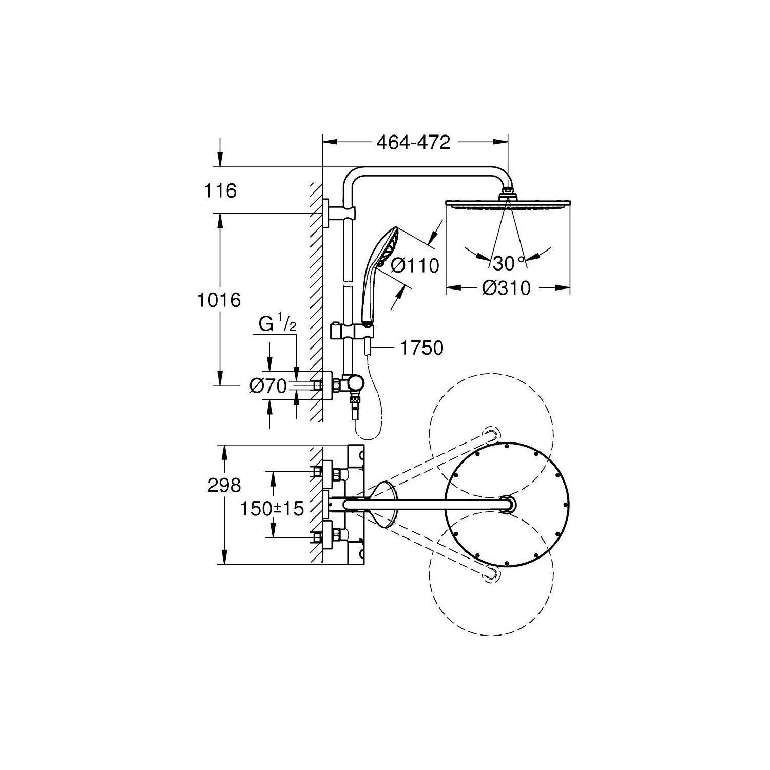 Grohe Euphoria System 310 Kolonlu Duş Paneli, Termostatik Duş Bataryası ile Birlikte, Sert Grafit - 26075A00