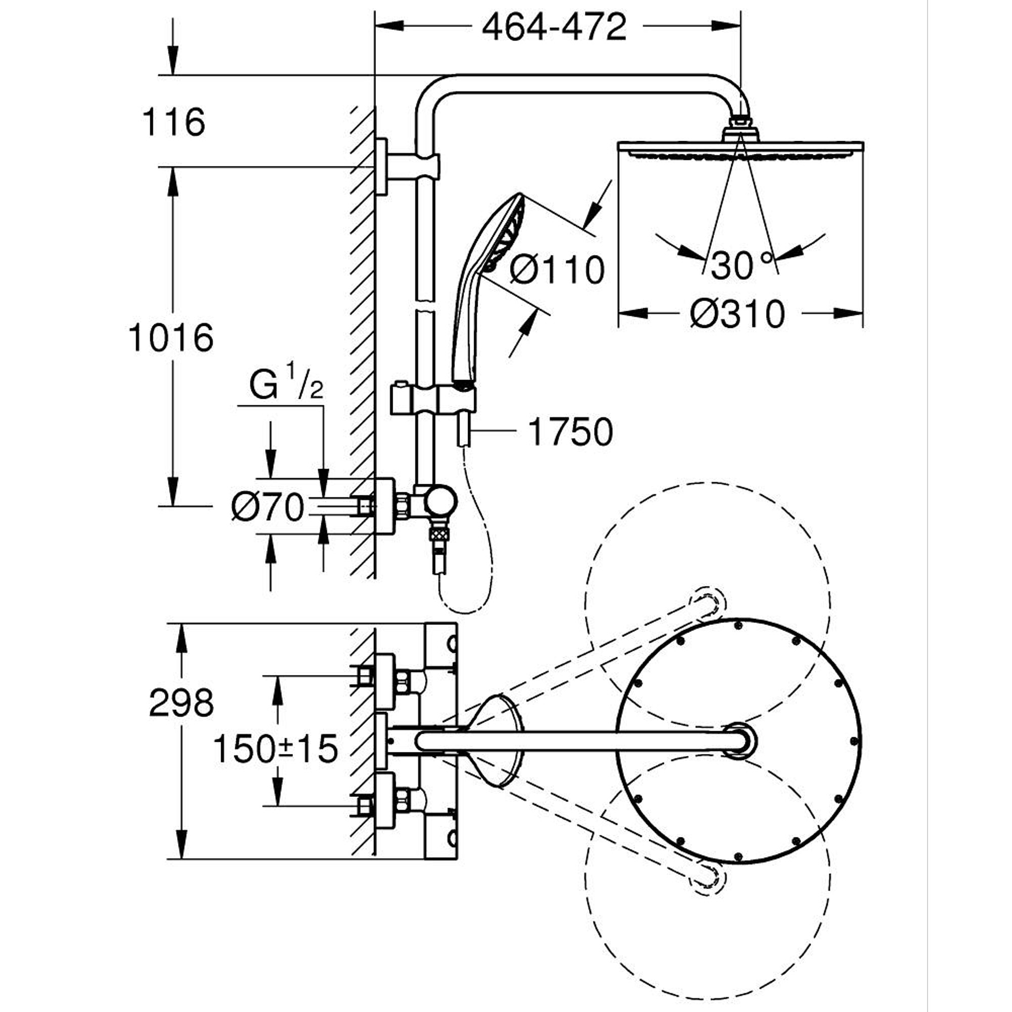 Grohe Euphoria System 310 Termostatik Duş Sistemi Tepe Duşu 310 mm Akış Tipi Rain Paslanmaz Çelik 26075DC0