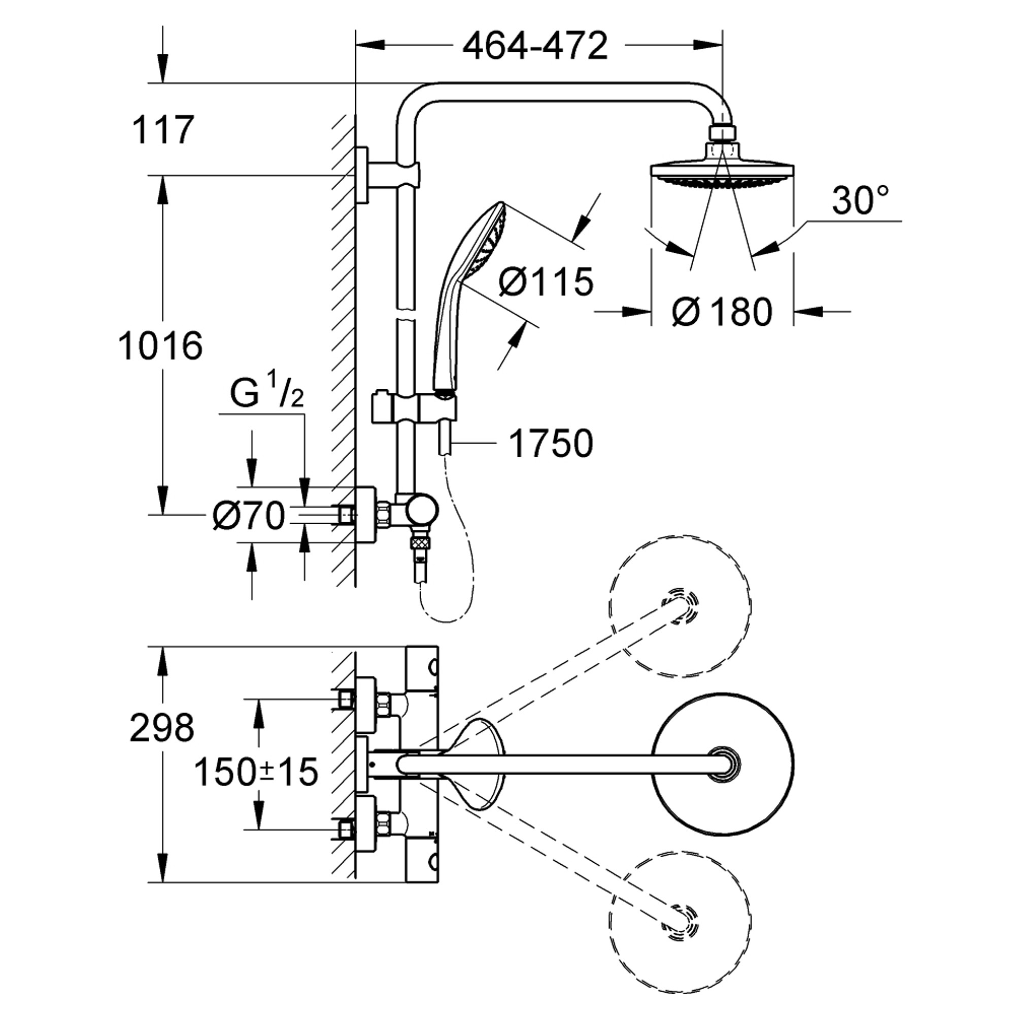 Grohe Euphoria Termostatik Duş Sistemi 18 cm Tepe Duşlu Krom 27296001