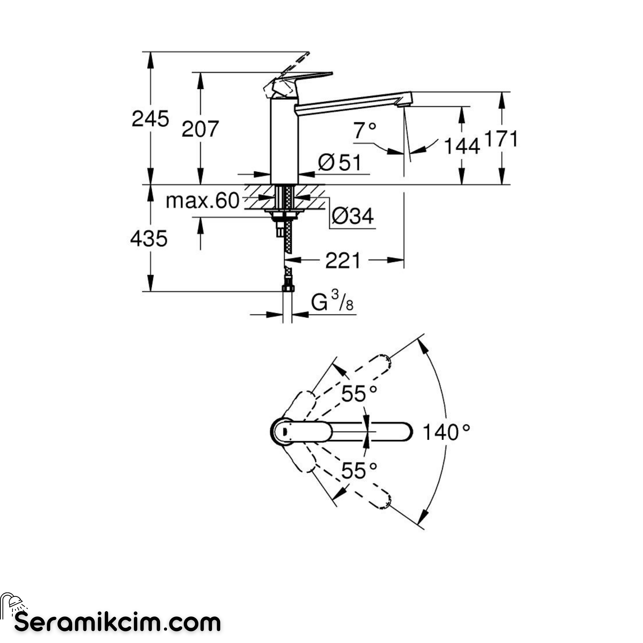 Grohe Eurocosmo Eviye Bataryası (Uzun Başlıklı) Krom 30193000