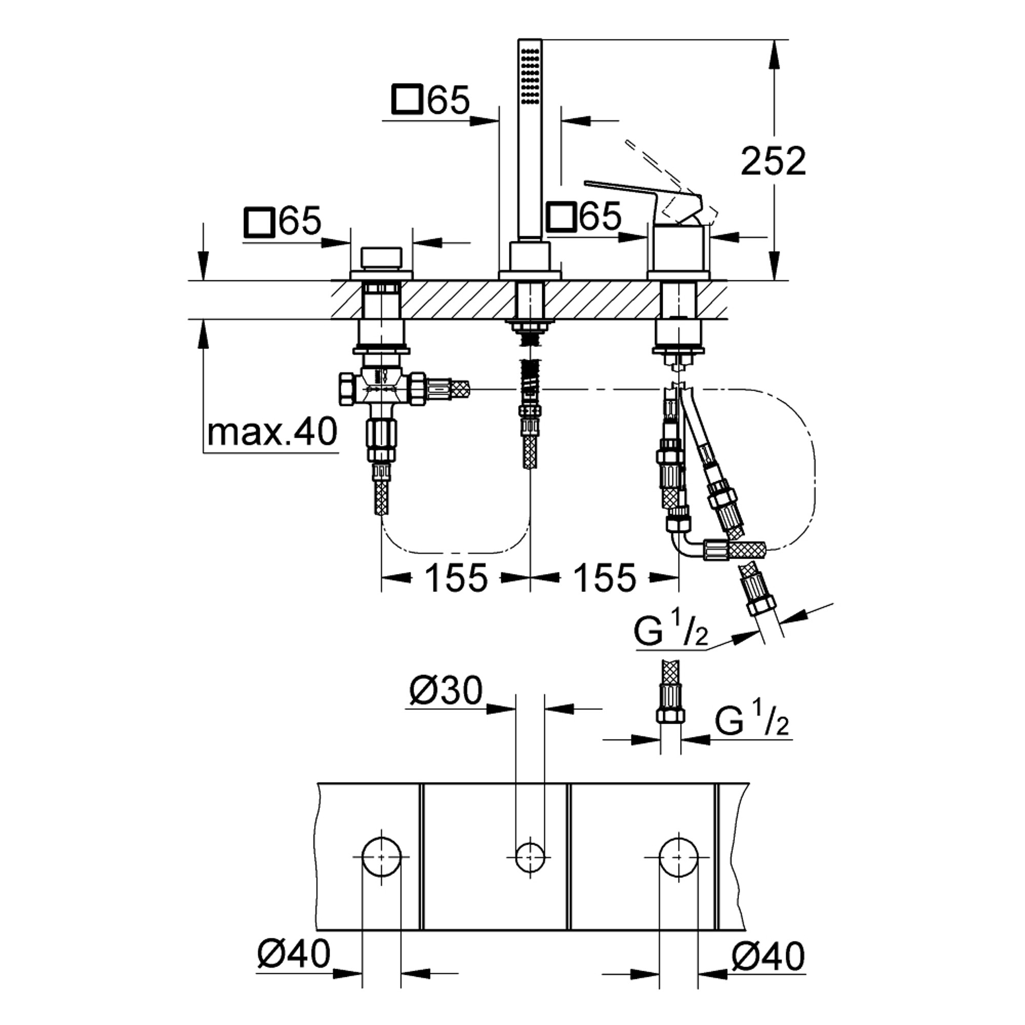 Grohe Eurocube 3 Delikli Küvet Bataryası Sıva Üstü Seti Krom 19966000